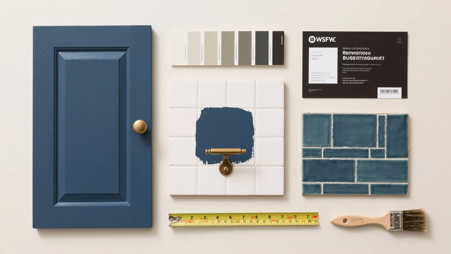 Flatlay of paint swatches, shaker door sample, hardware and tile for a kitchen refresh