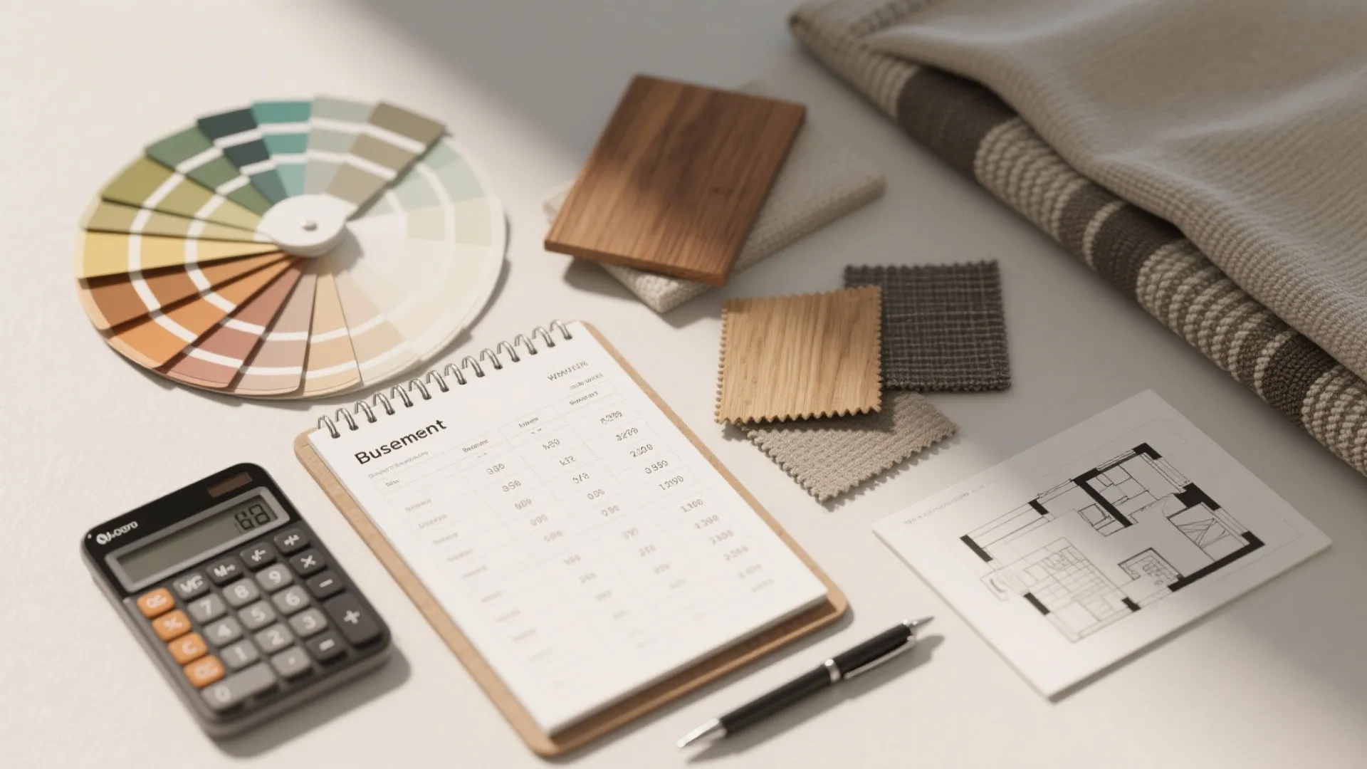 Flatlay of budget planning items: color swatches, fabric samples, calculator and floor sketch