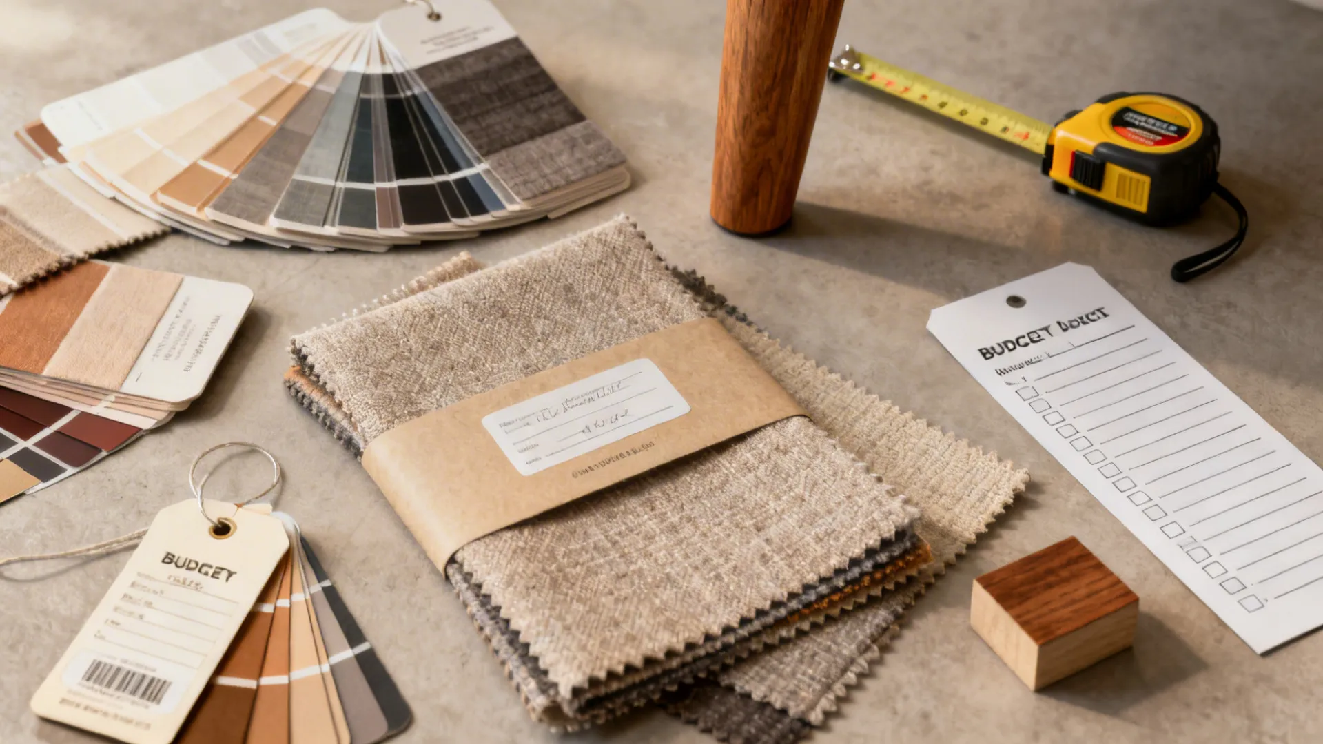 Flatlay of fabric swatches, tape measure, price tags and a checklist for budget furniture shopping.