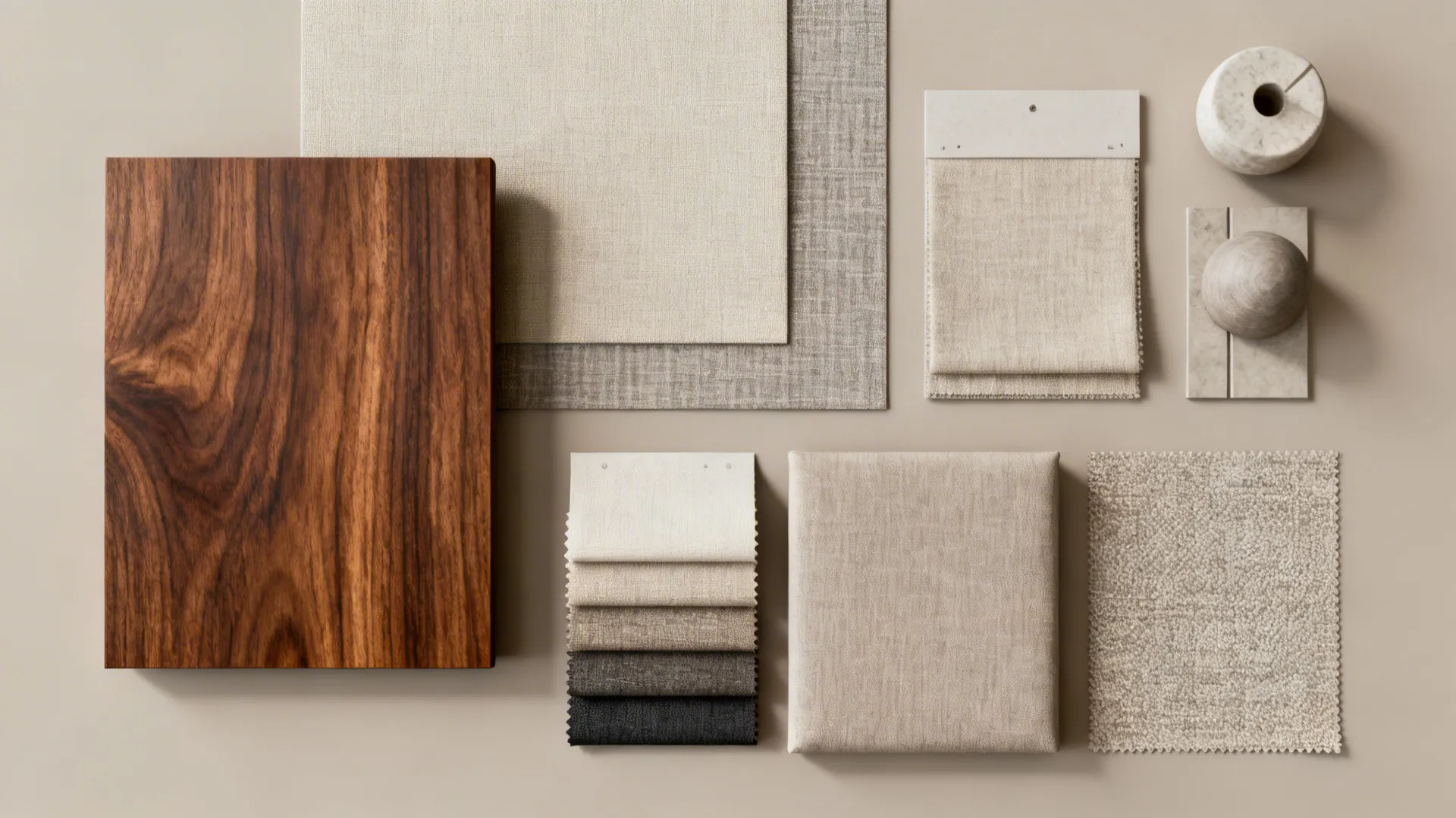 Flatlay showing one statement wood piece with affordable fabric samples for a mid-century look