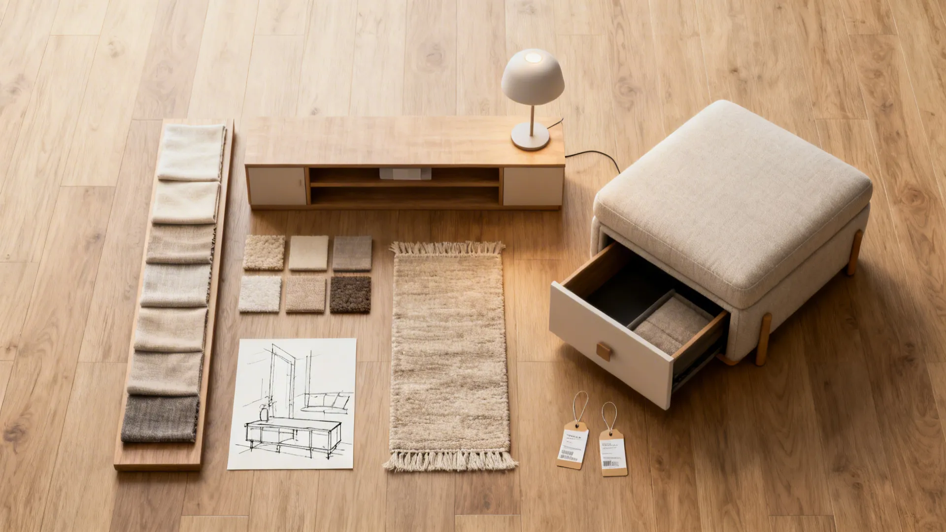 Flatlay of budget-friendly samples: fabric swatches, rug pieces, slim console and multifunctional ottoman.