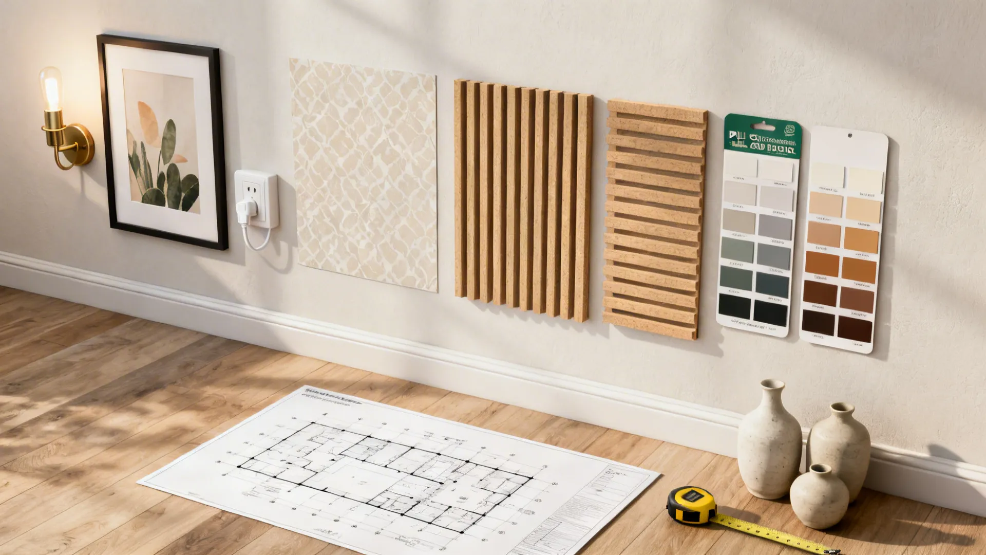 Flatlay of budget-friendly samples: prints, plug-in sconce, wallpaper and paint swatches for wall planning.