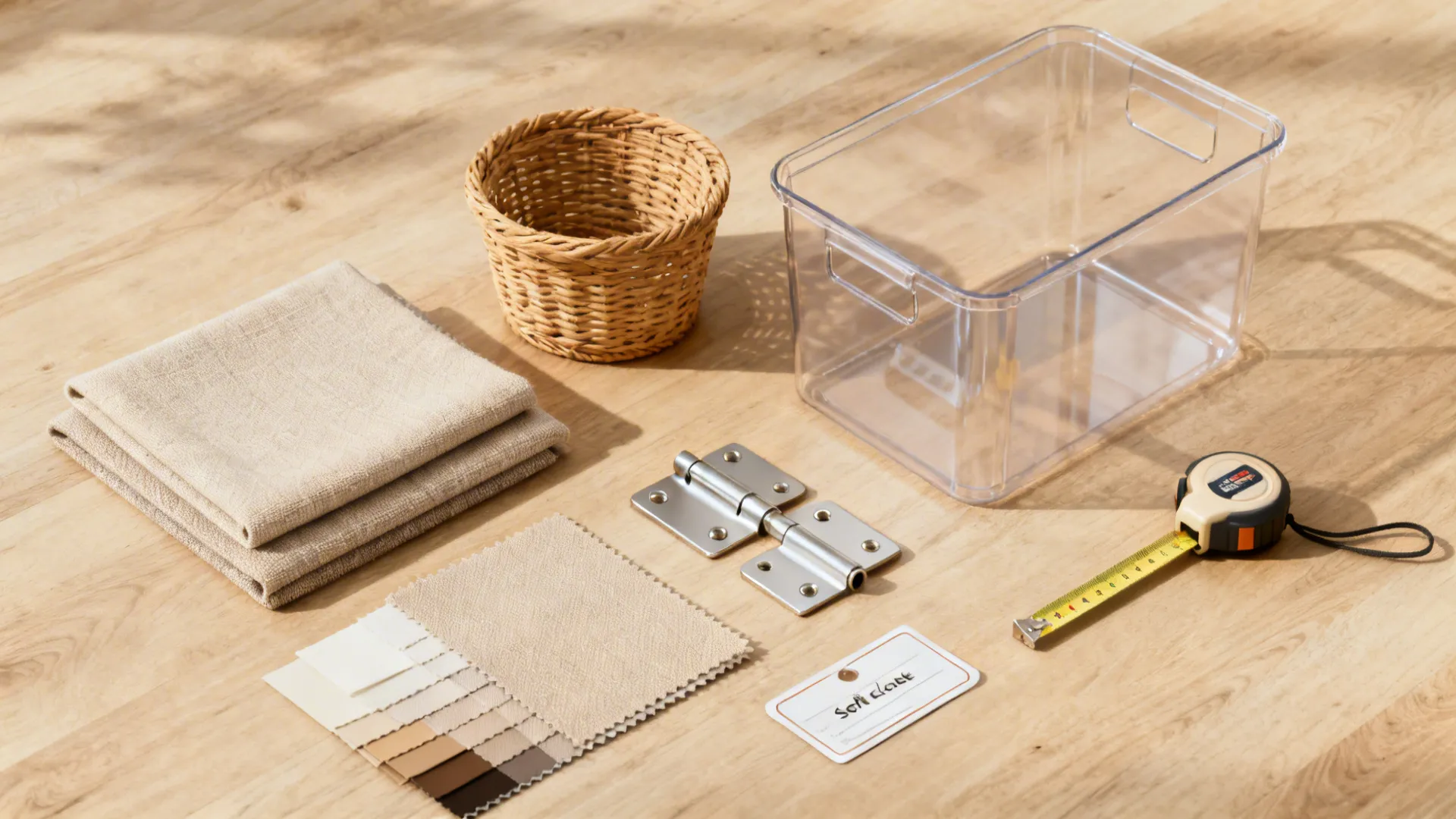 Flatlay of budget-friendly materials for toy storage including fabric swatches and baskets