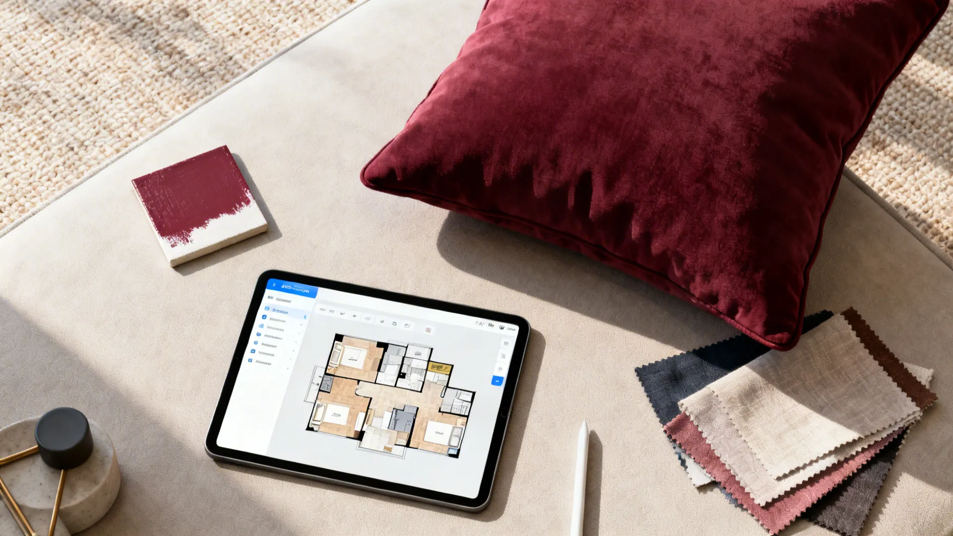 Flatlay of budget design swap items including burgundy pillow, fabric swatch and a tablet with a floor plan tool.