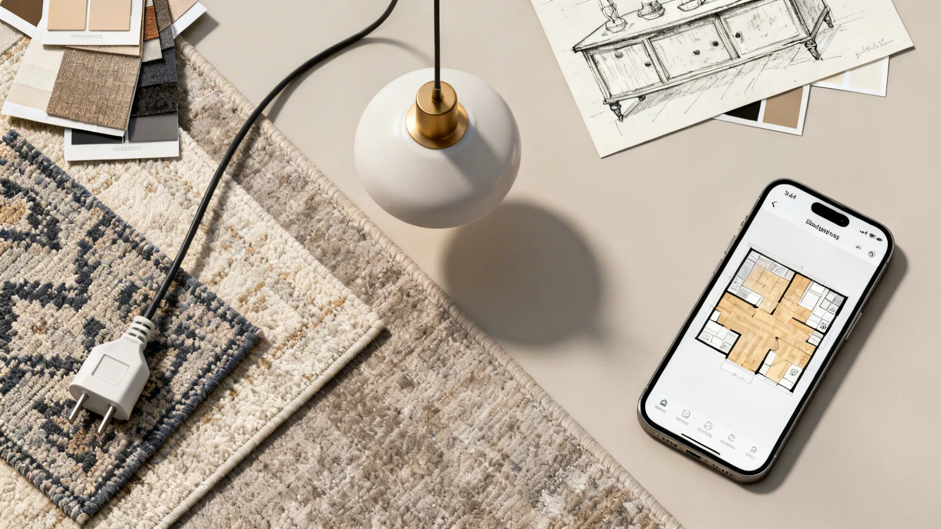 Flatlay of rug swatches, plug-in pendant, paint chips and a phone showing a 3D floor planner