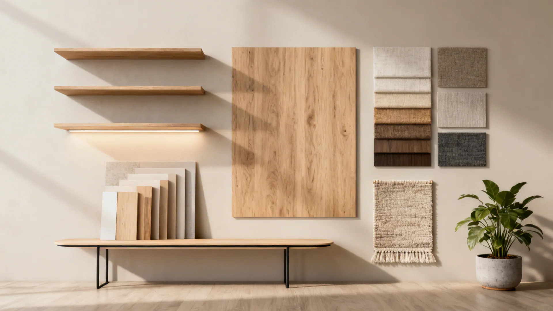 Flatlay of budget-friendly wall-mounted and small-space furniture samples