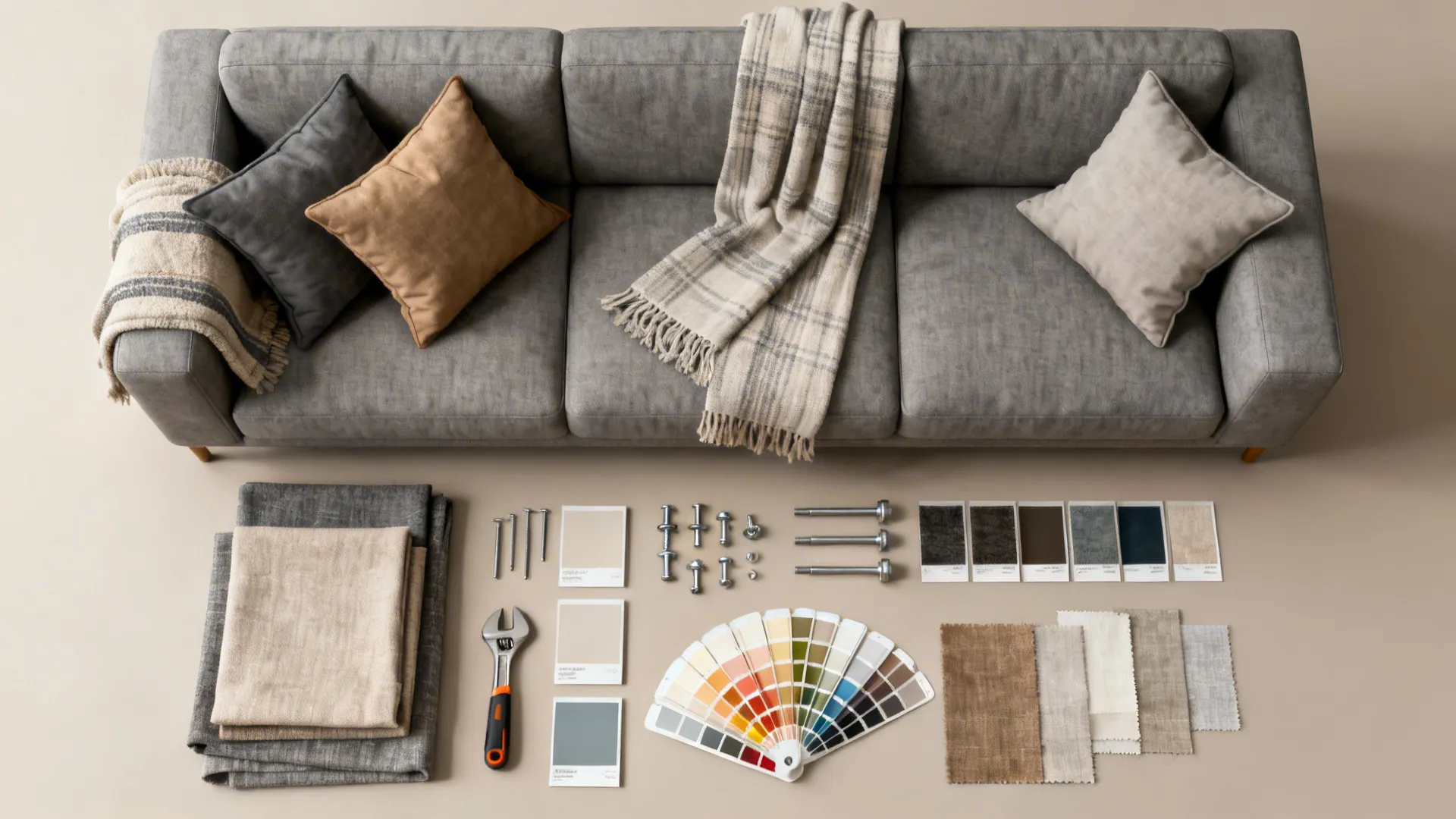 Top view of grey sofa with pillows fabric swatches paint samples color wheel and tools