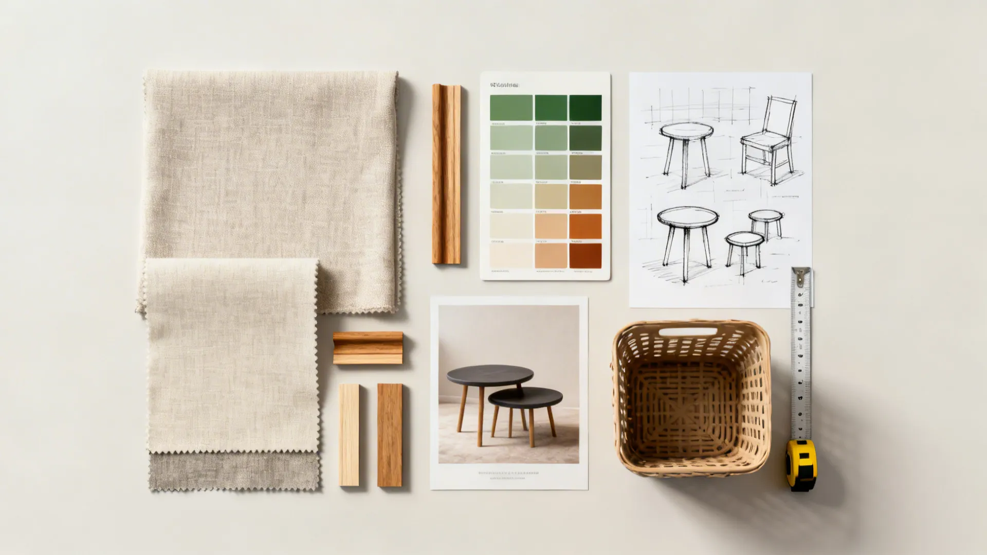Flatlay of fabric swatches, color cards, sketches and storage ideas for small-space budgets.
