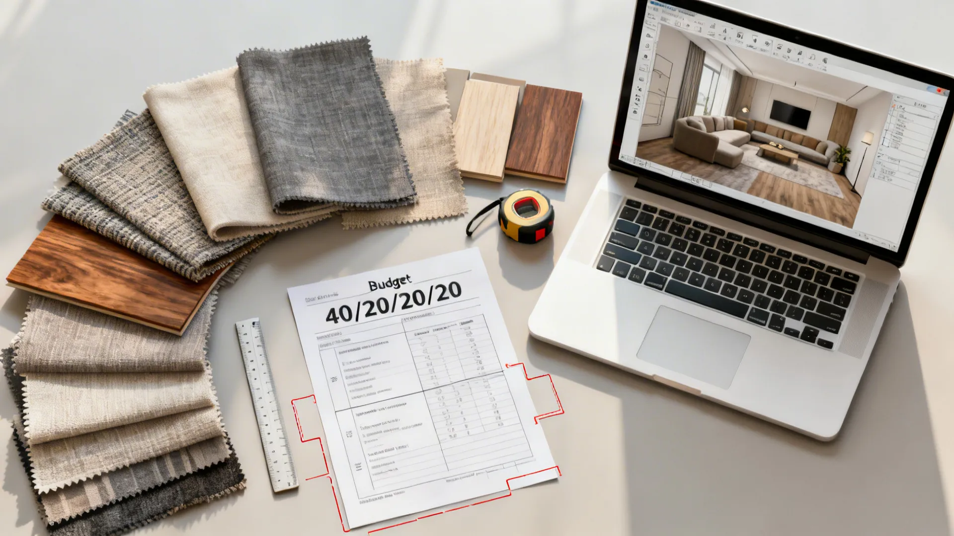 Flatlay of fabric swatches, wood samples, tape measure and budget sheet for living room planning