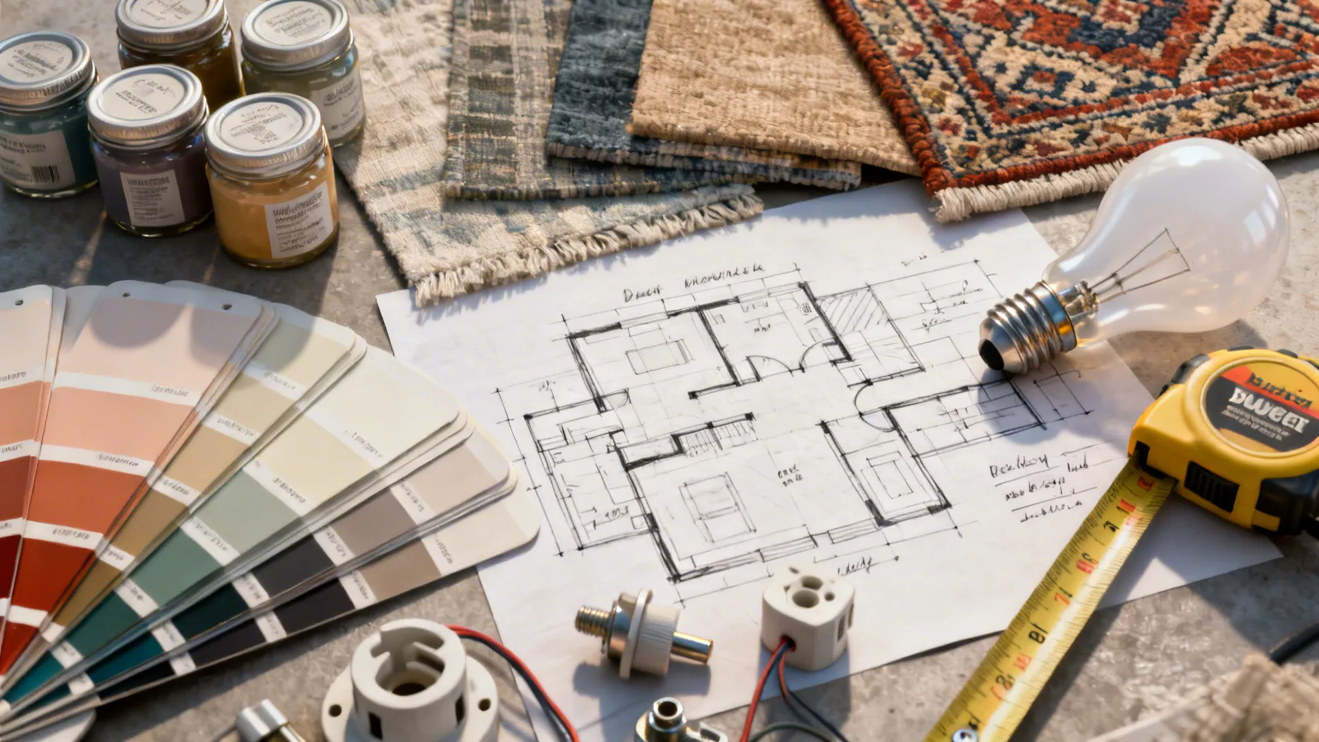 Home renovation materials including interior design drawing paint jars fabric samples and a measuring tape