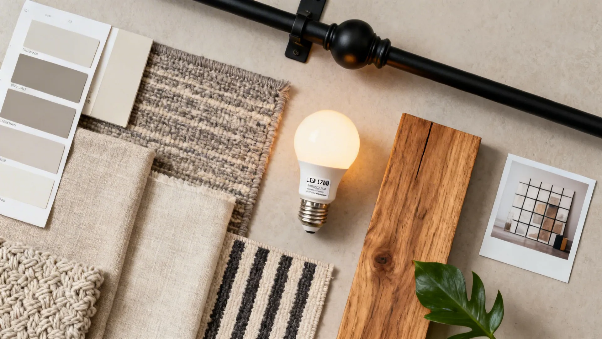 Top-down palette with greige paint, linen and bouclé fabrics, striped rug, oak, warm LED bulb, and black metal accent.