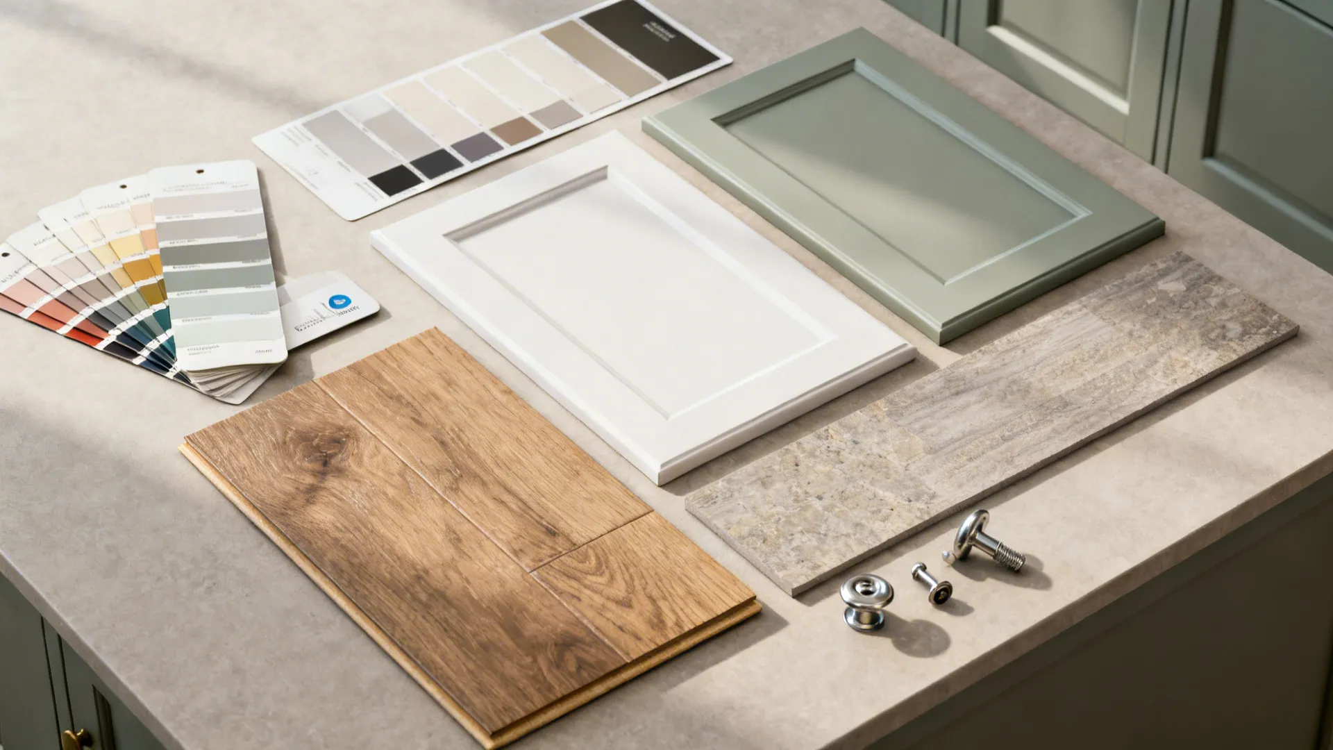 Flatlay of paint swatches, cabinet door samples and flooring options for an affordable refresh.