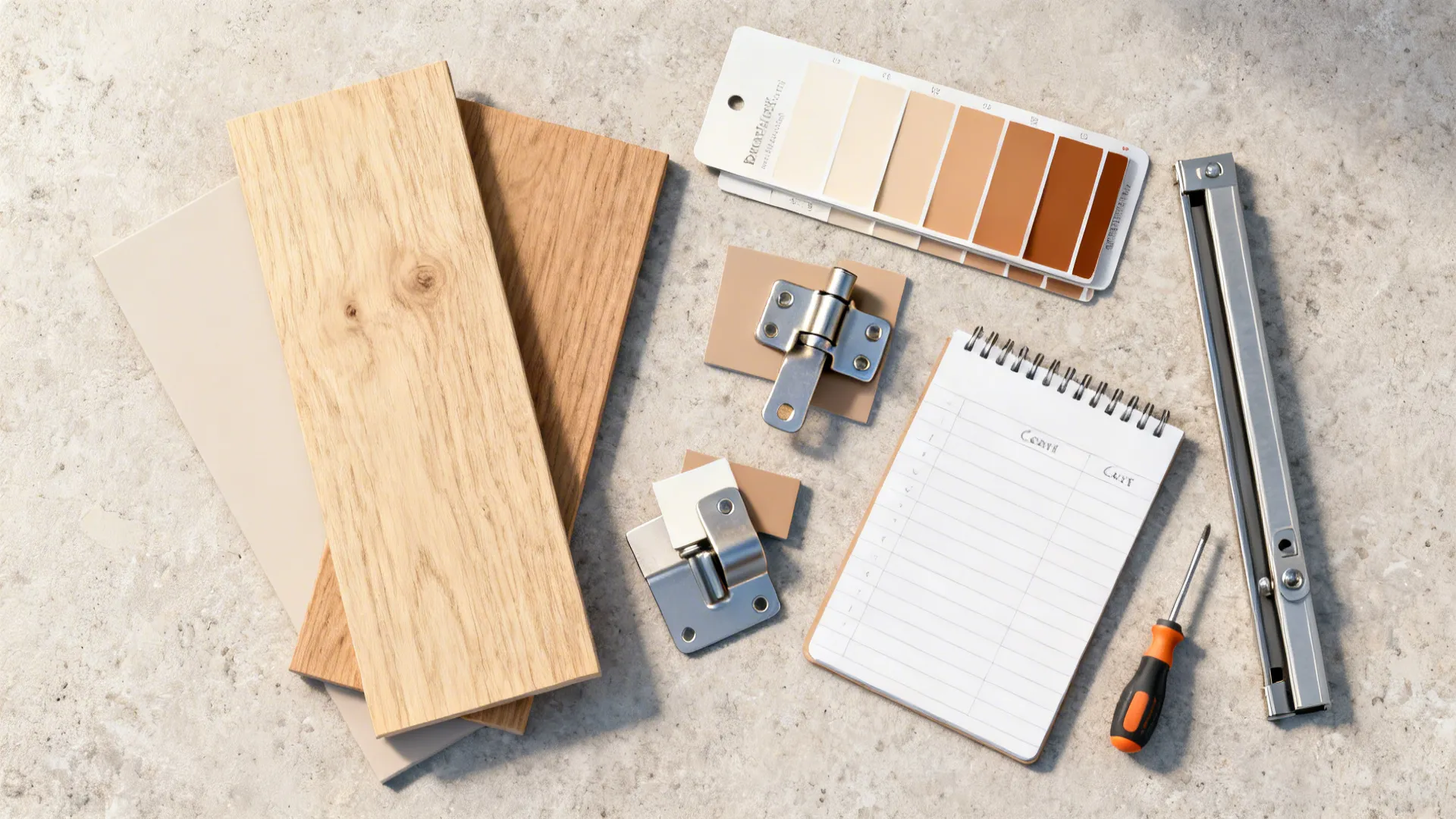 Flatlay of material swatches, hardware samples, and a cost notebook for tiny home upgrades.