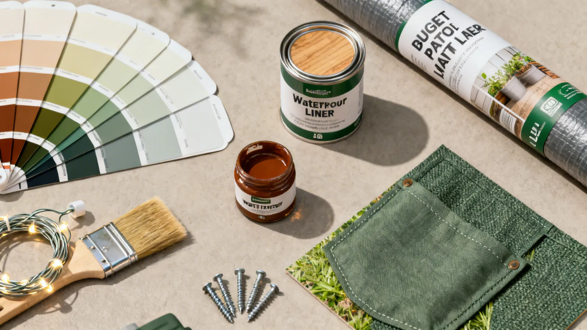 Flatlay of affordable patio makeover materials including paint swatches, stain, liner and string lights