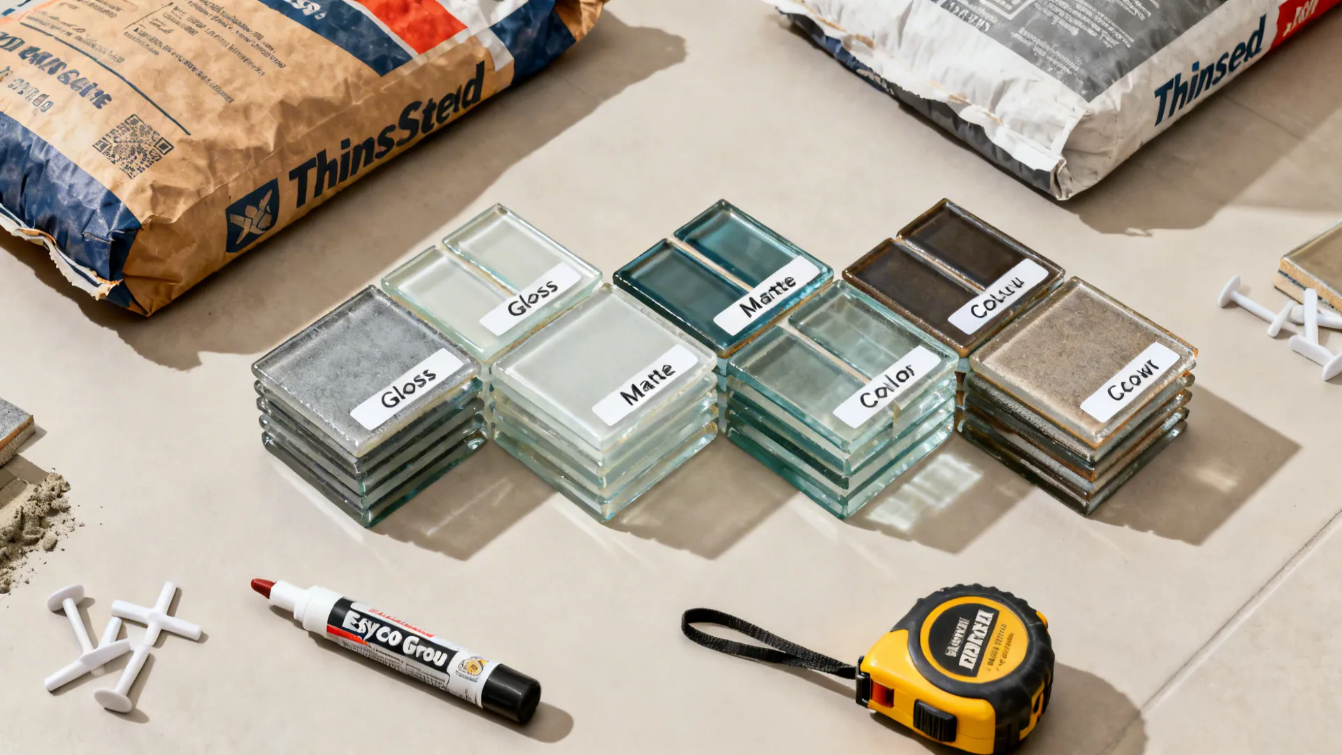 Flatlay of glass tile samples, grout, thinset, and tools symbolizing backsplash budget items.