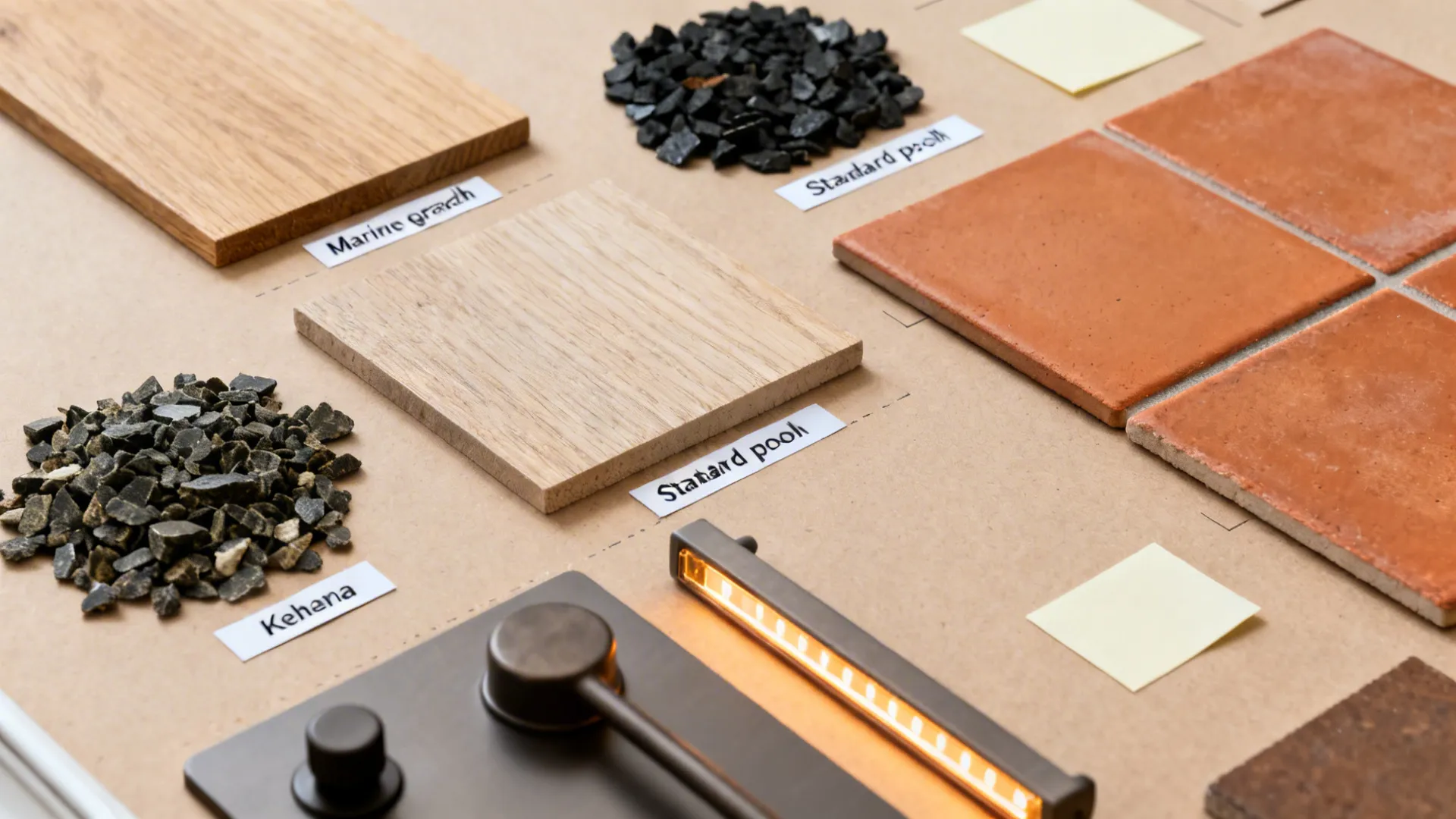 Flat lay of plywood grades, granite, terracotta tiles, hardware, and LED strip to visualize budget choices.