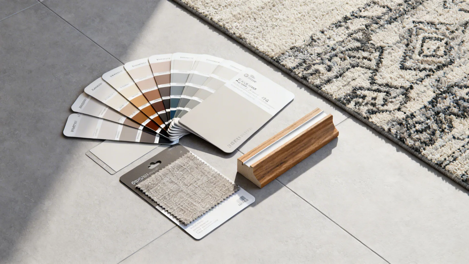 Color palette fan with fabric sample and wood piece on grey floor near patterned rug