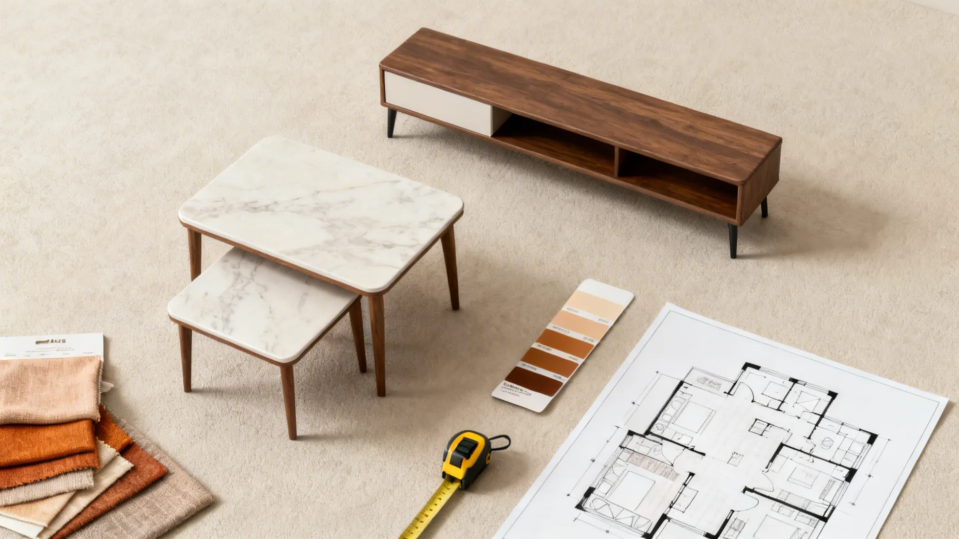 Flatlay of budget-friendly items for small living rooms including nesting tables, fabric swatches and a floor plan.