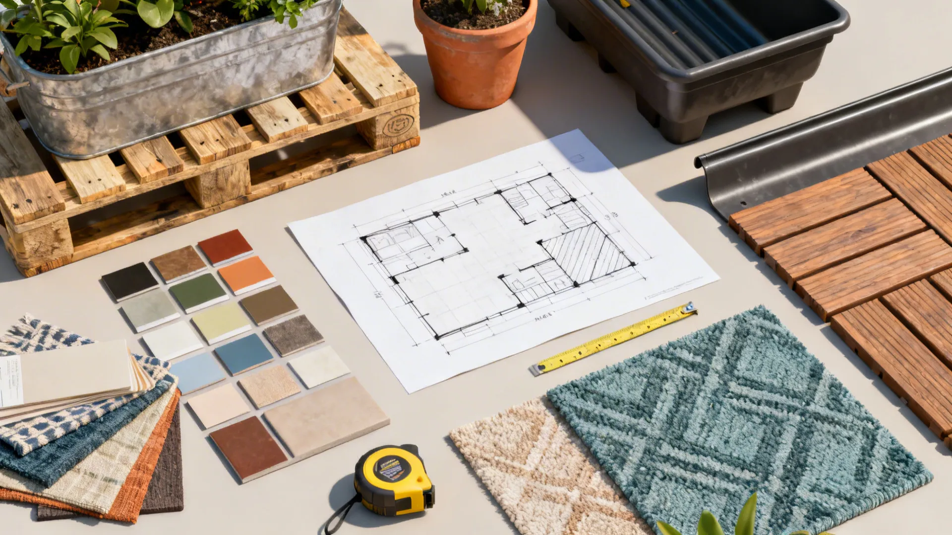 Flatlay of thrifted finds, DIY planter materials, textile swatches and a simple patio floor plan.