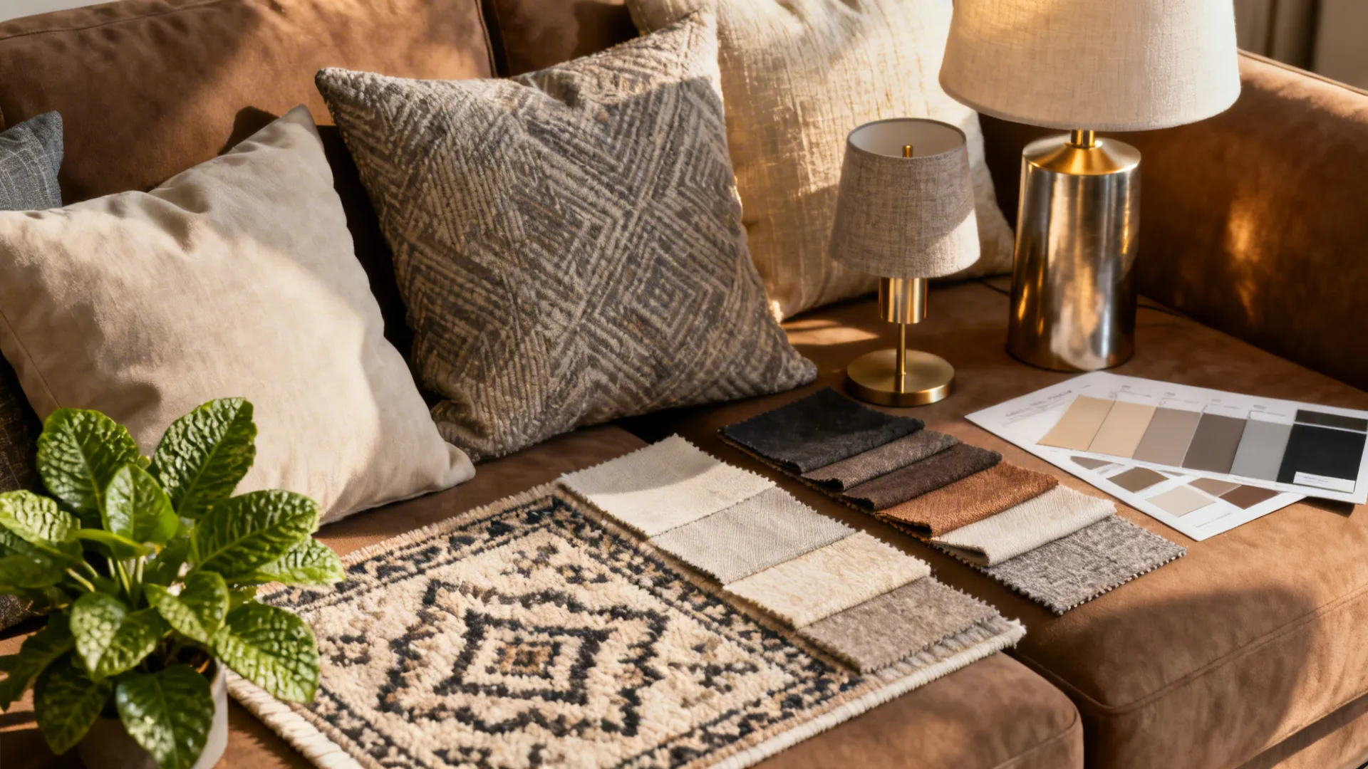 Brown sofa featuring pillows gold table lamps fabric samples color palette small rug and plant