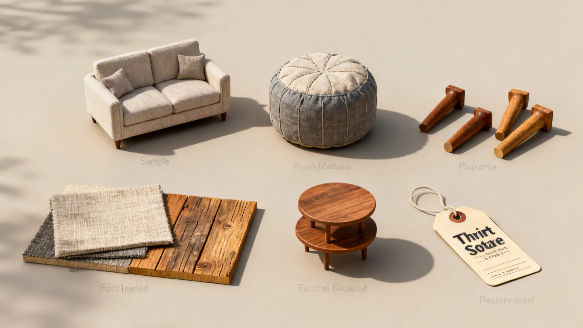 Flatlay of budget living room elements like fabric swatches, leg replacements, and reclaimed wood sample.