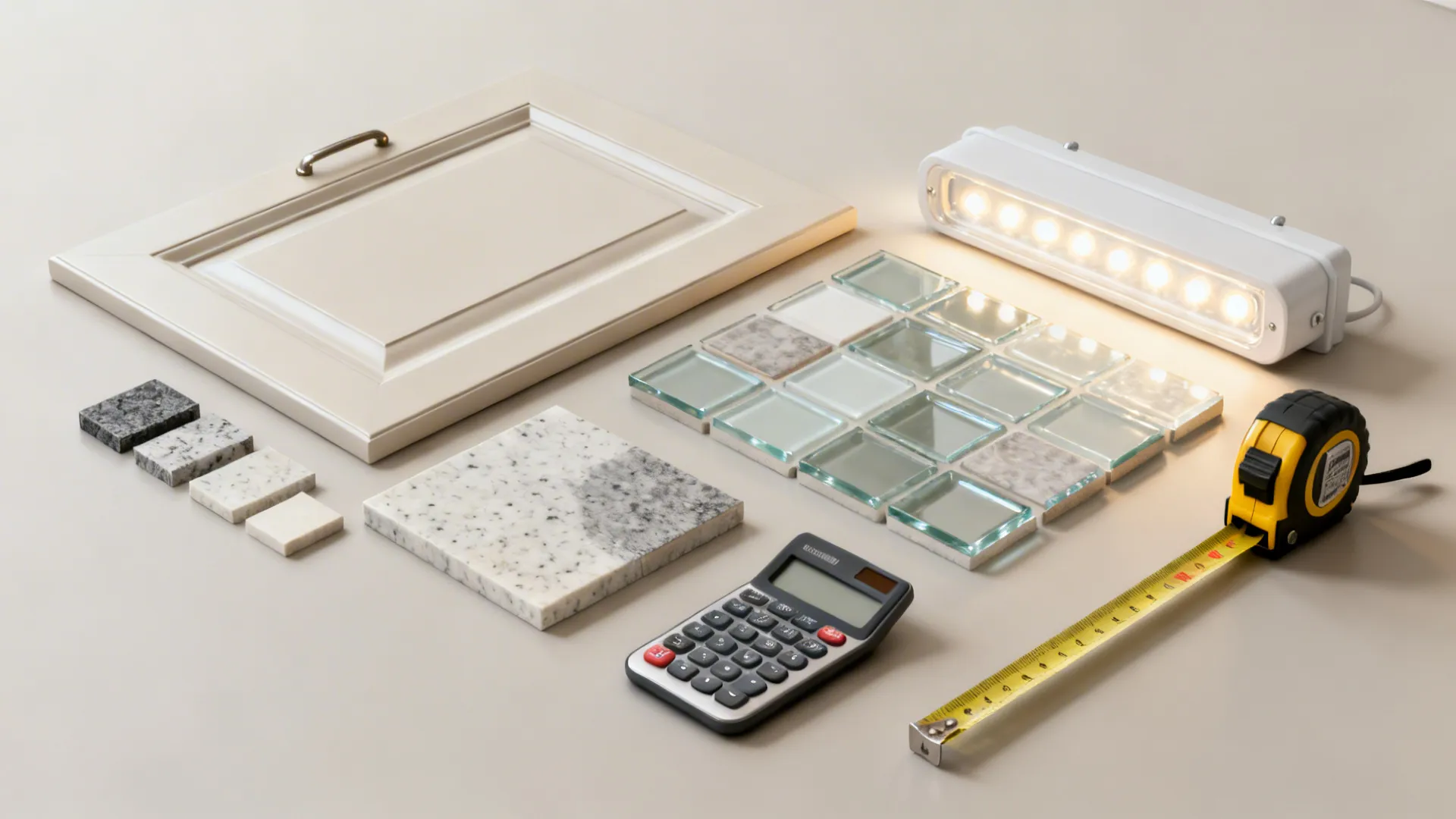 Flat lay of cabinet, countertop, tile, glass samples with a calculator and tape.