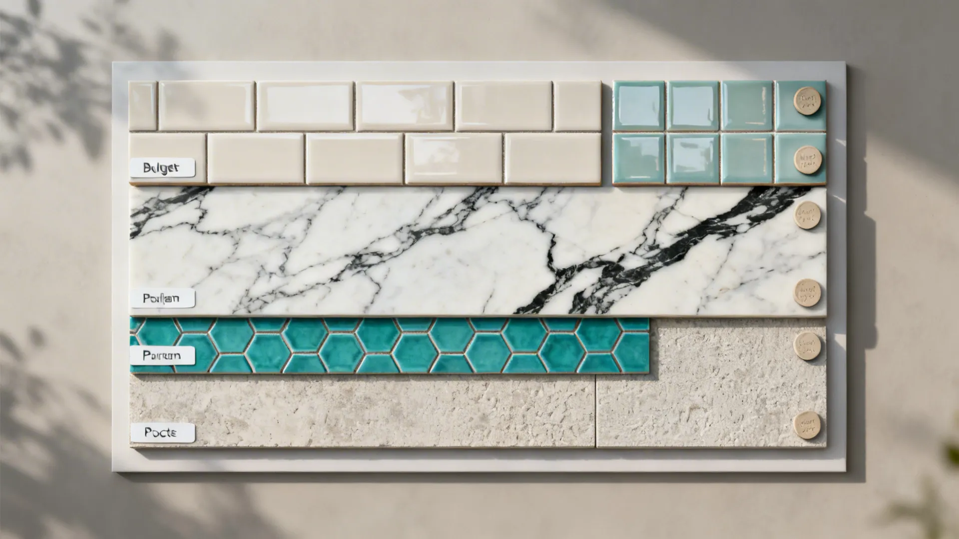 Top-down comparison of subway, zellige, porcelain slab, mosaic, and textured porcelain samples.