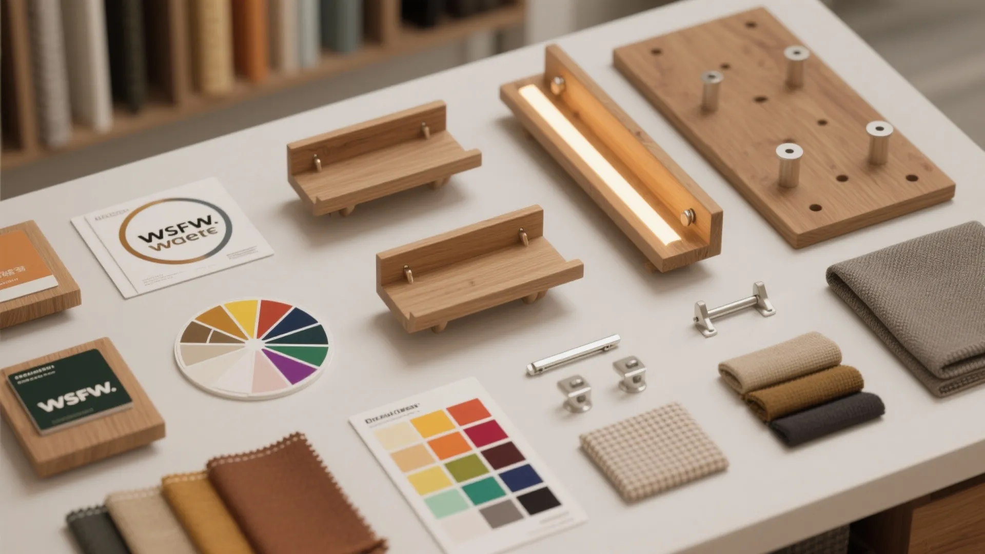 Top-down flatlay of paint swatches, decals, shelf samples and lighting strips for budget retail upgrades.