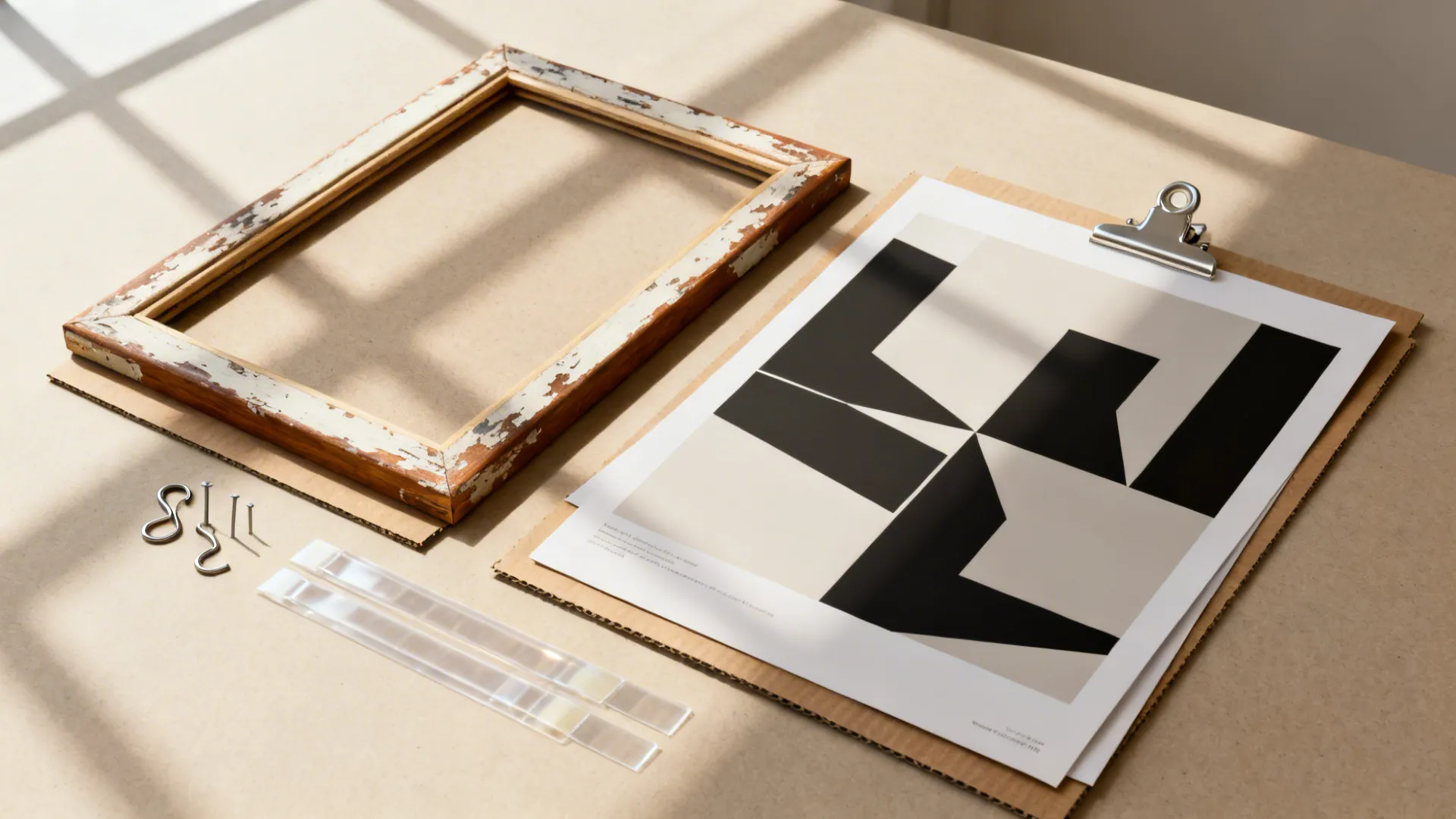 Flatlay of thrifted frames, DIY mats, prints and hanging kit for budget gallery styling.