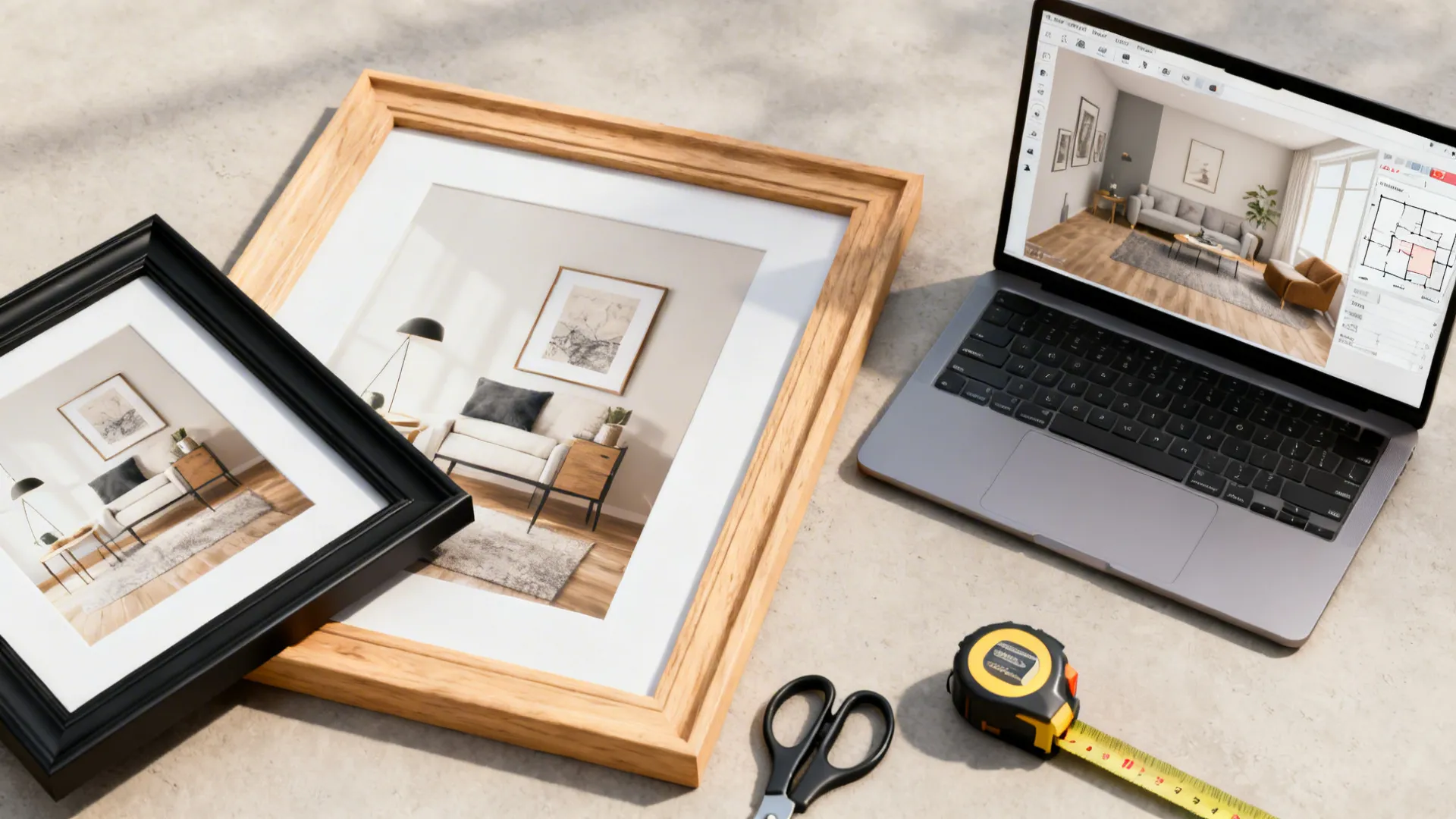 Flatlay of prints, simple frames and tools for planning a budget gallery wall.