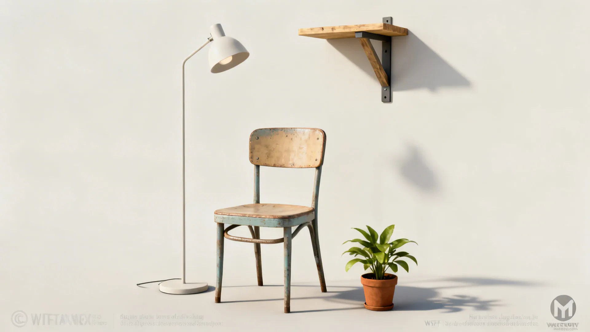 Vignette of budget-friendly living room solutions: thrifted chair, lamp and plant