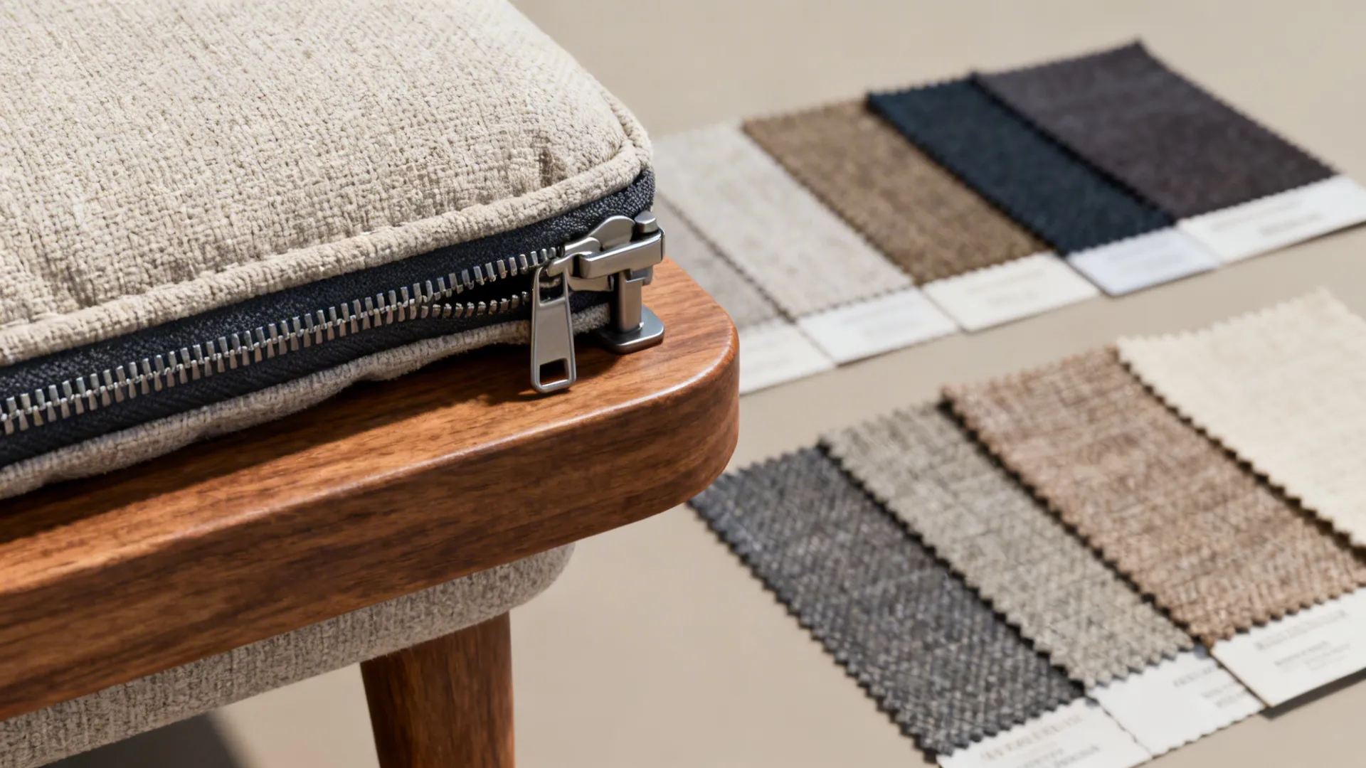 Close-up of removable sofa cover zipper, wood table edge, and fabric swatches