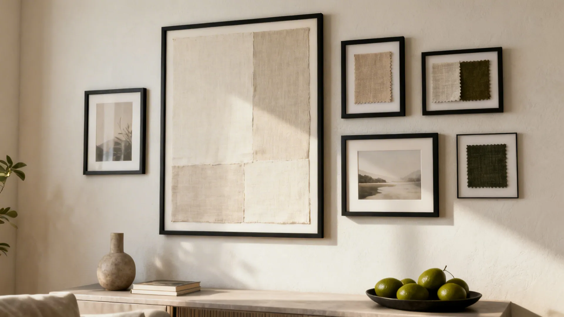Small drawing room wall with oversized DIY canvas and cohesive framed prints in a clean grid.