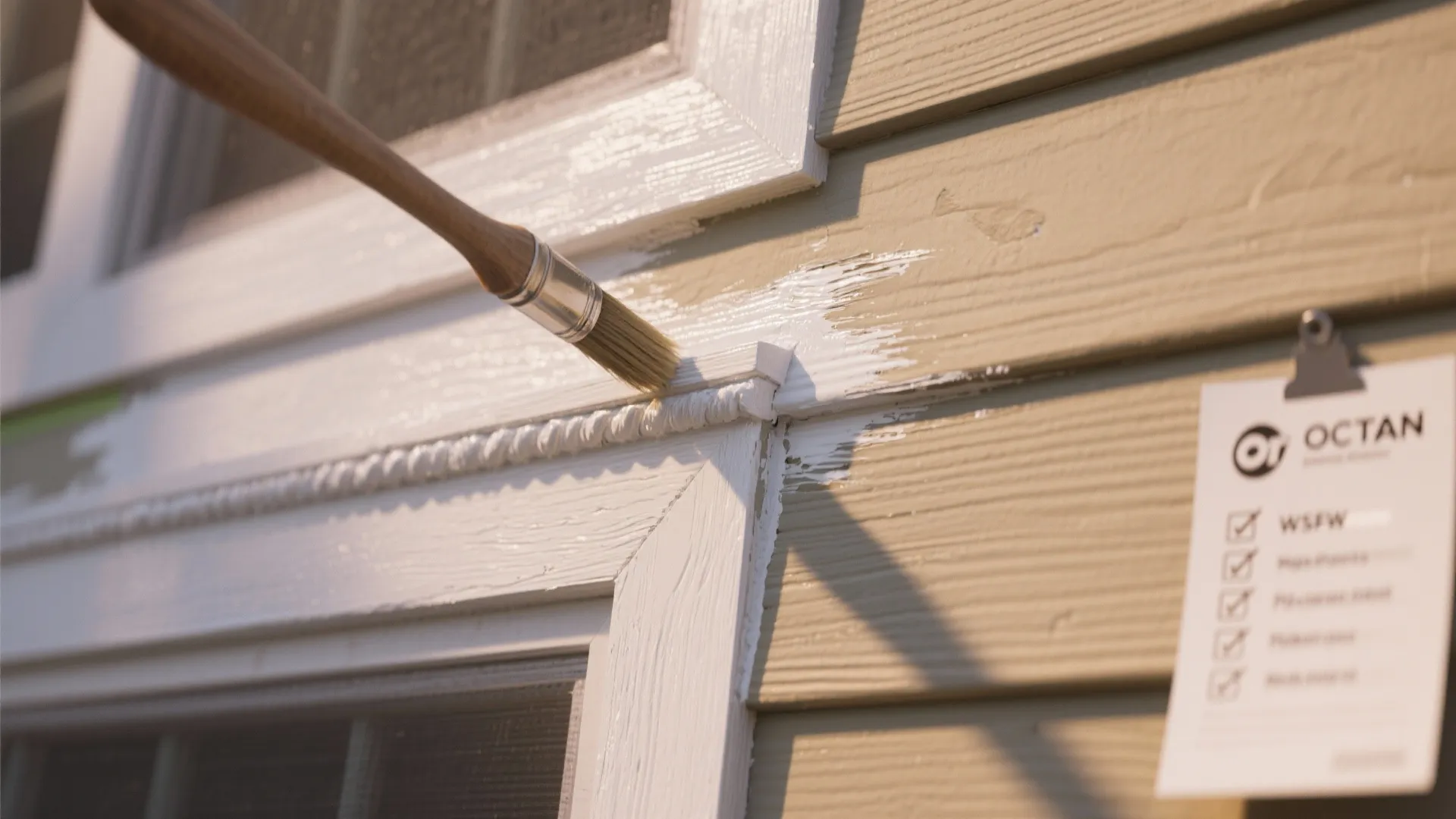 A small paint brush applying white paint onto a beige wall panel and white window