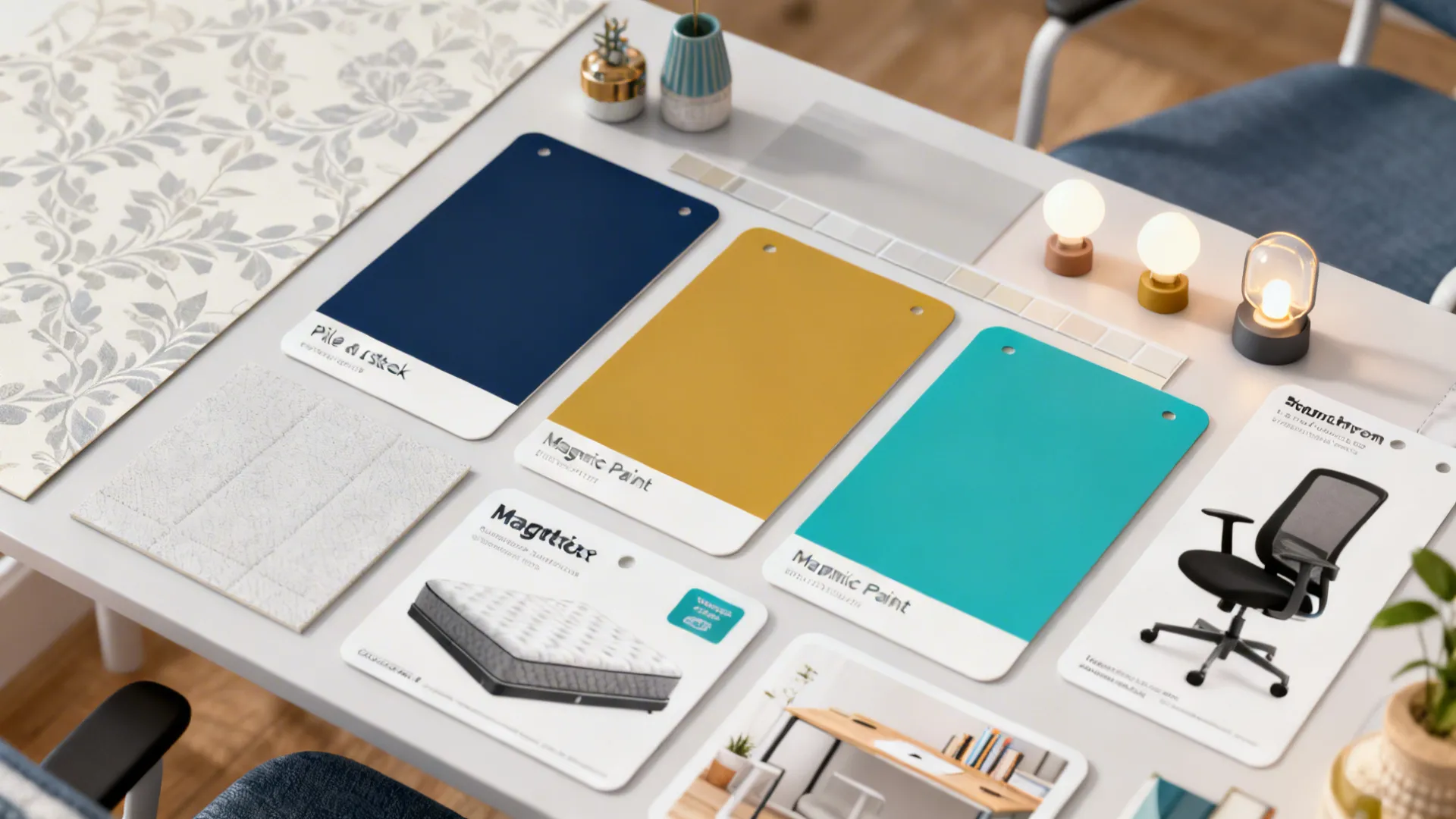 Interior design mood board with colorful paint swatches mattress card office chair and small lights