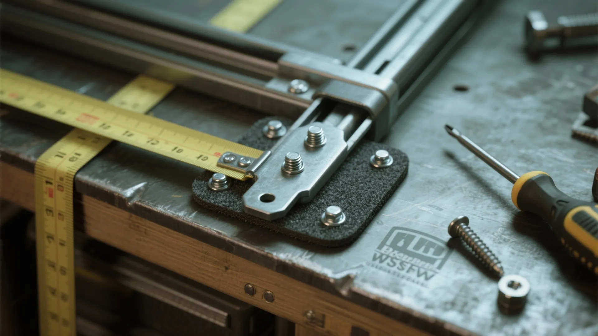 Close up of measuring tape with sliding metal cabinet parts and screwdriver on a work table