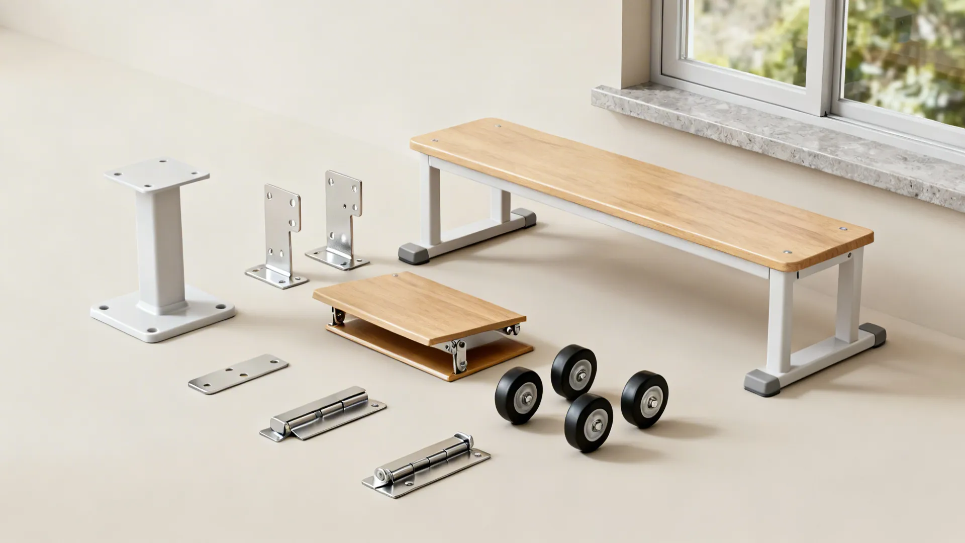 Flat lay of brackets, pedestal base, bench frame, casters, and angle supports for budget planning.