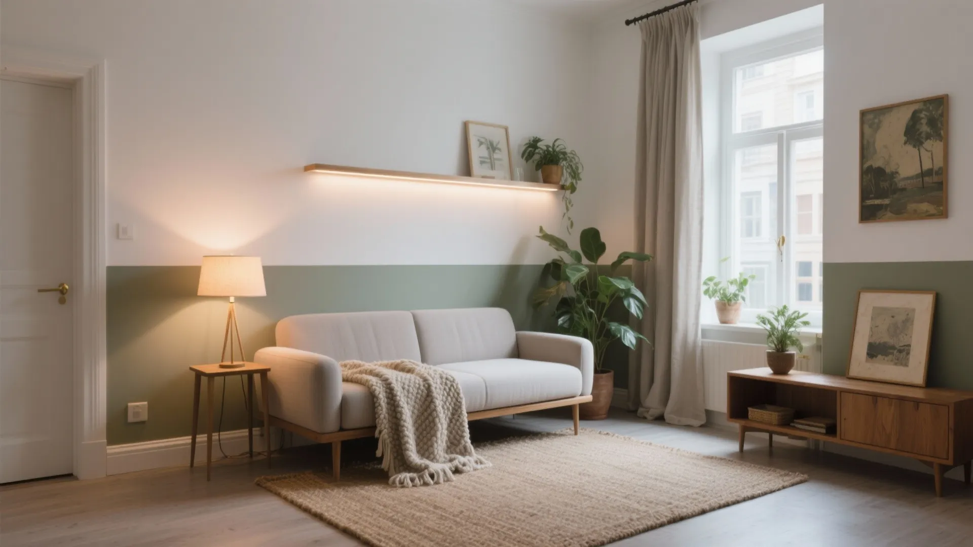 Cozy living room with grey sofa light wood cabinet green plants curtain and warm lighting