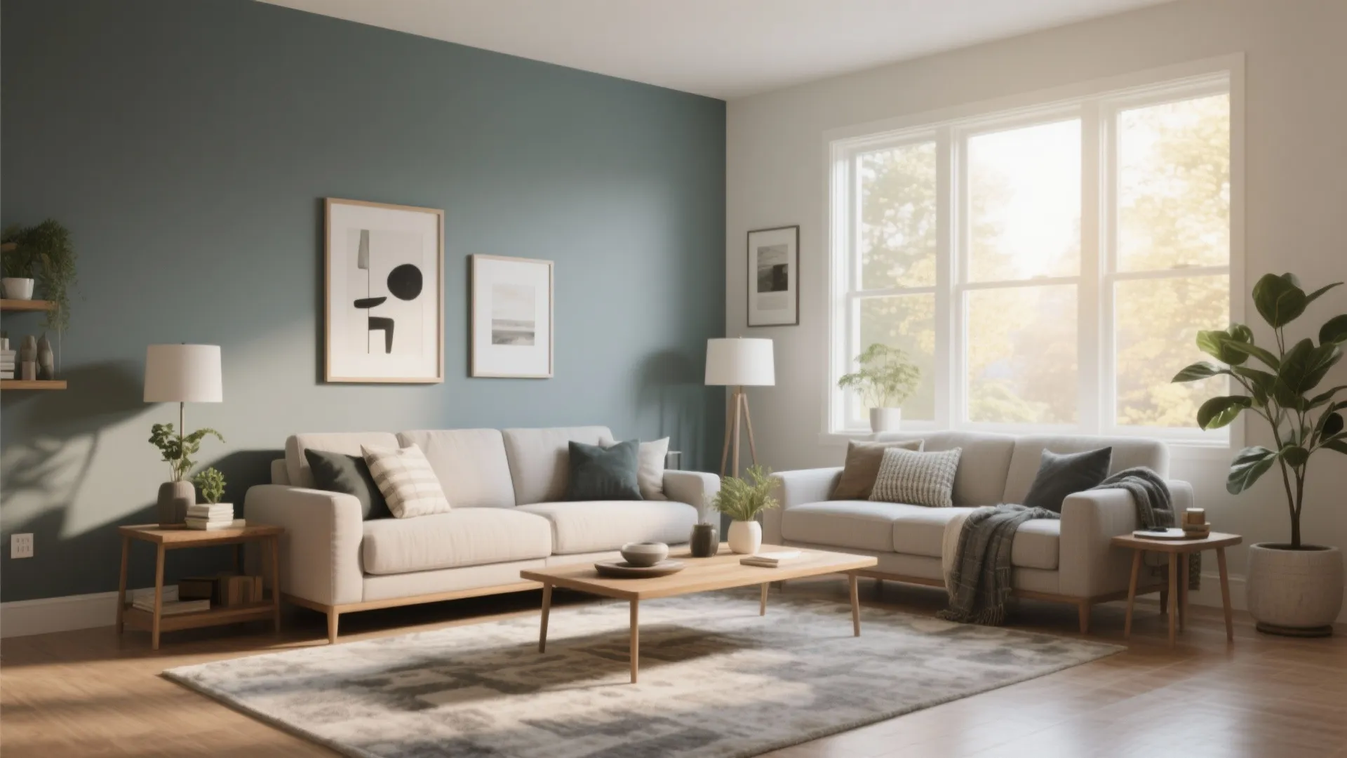Modern living room featuring two beige sofas a wooden coffee table and a blue wall