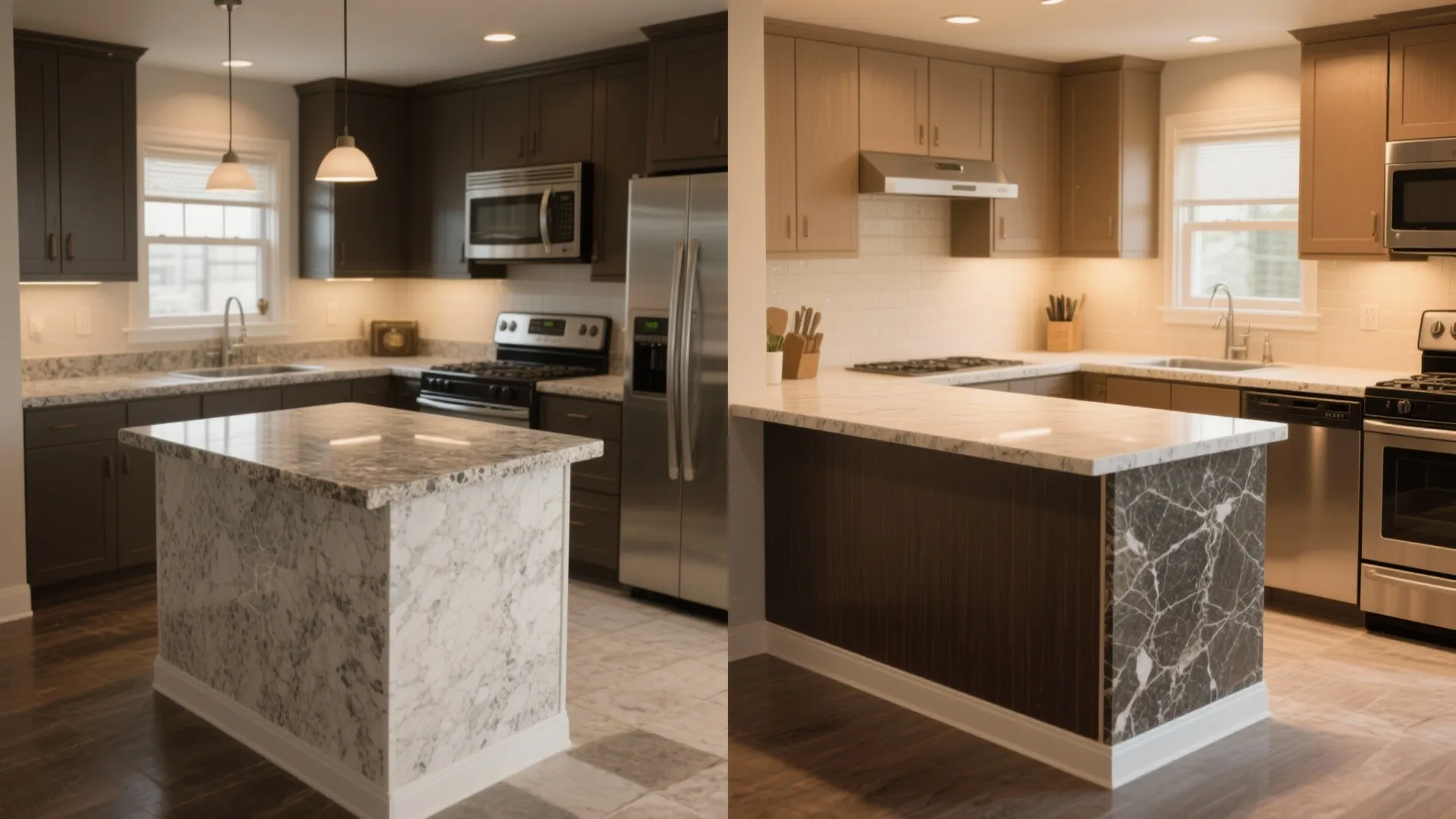 Side by side kitchen comparison showing dark cabinets with marble island versus light wood cabinets