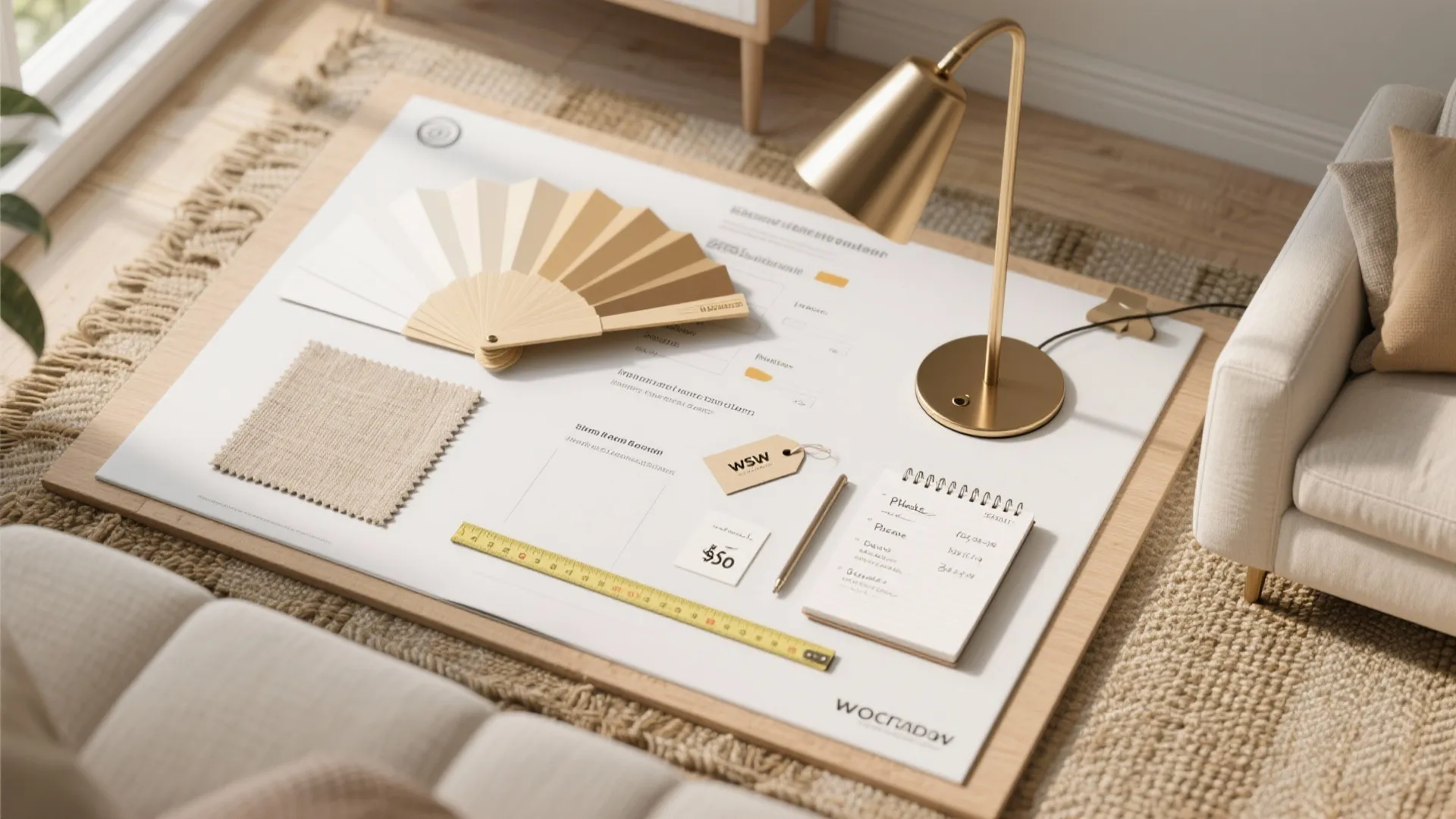 Interior design board with color samples fabric swatches gold lamp notebook ruler and small price tag