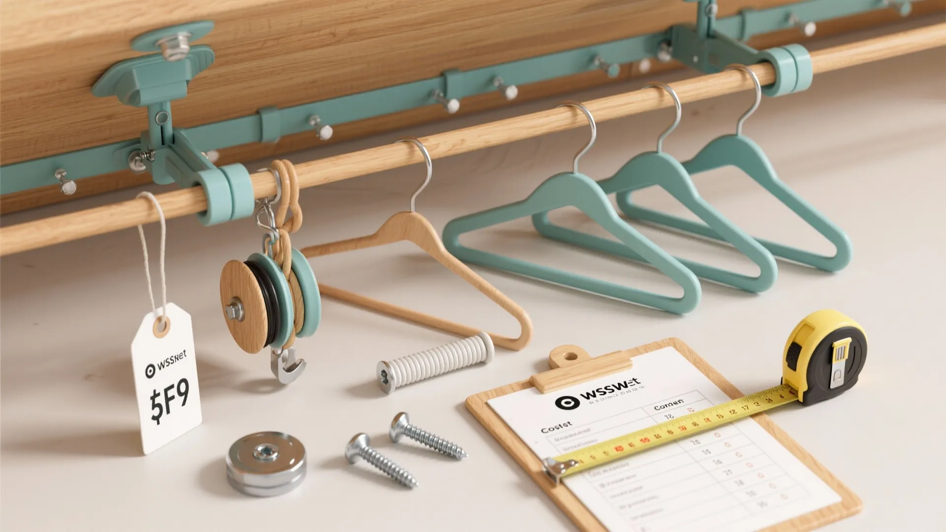 Wardrobe organizers with clothes hangers screws measuring tape and budget checklist for home storage planning