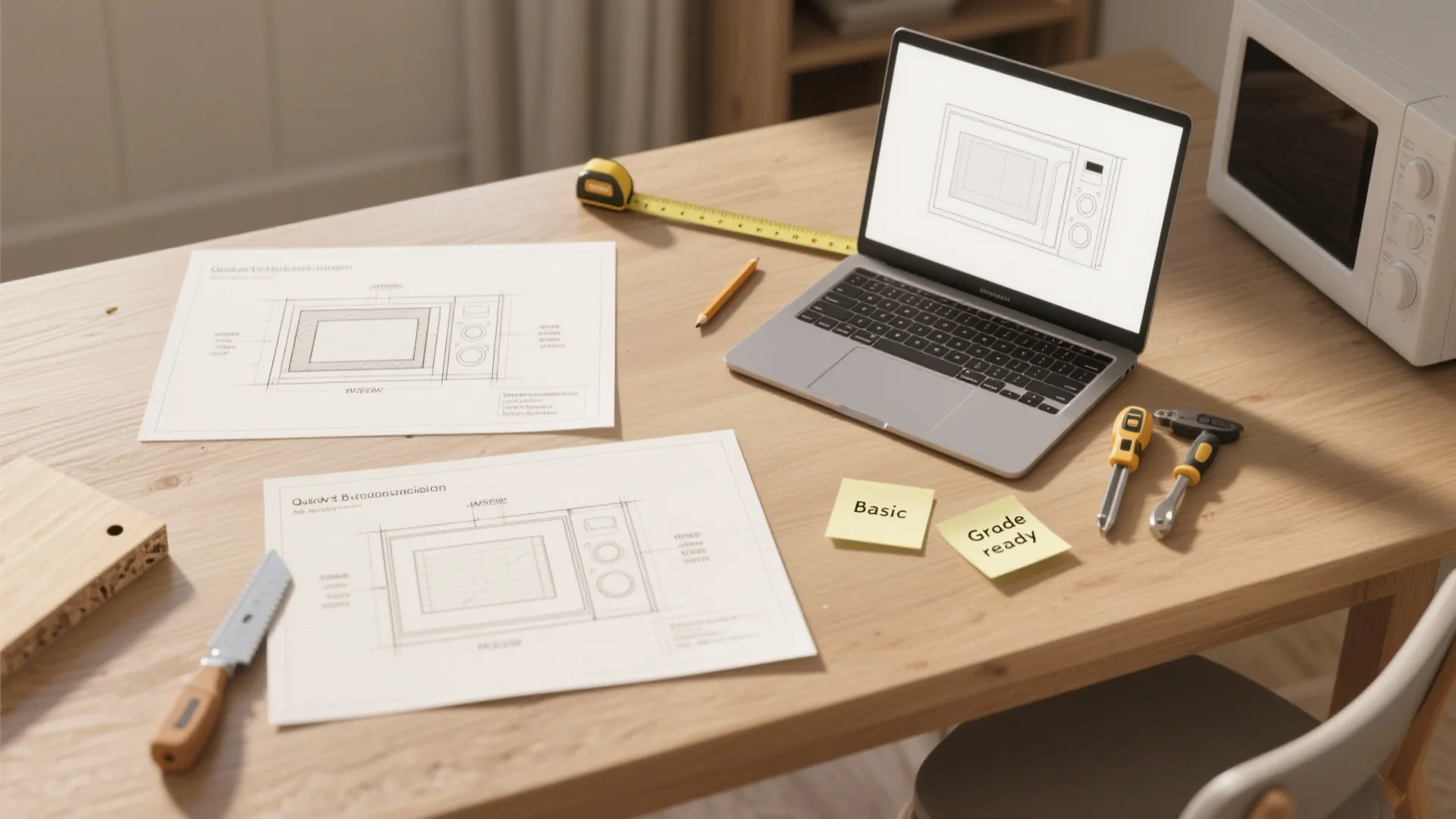 Top-down planning scene with mockup sketches, laptop, measuring tape and budget notes for microwave installation options.