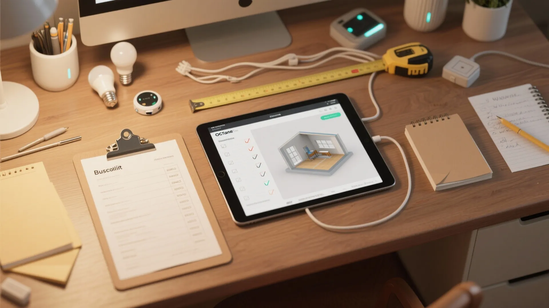 Top-down planning desk with budget list, 3D mockup on tablet, tools and smart devices for installation planning.