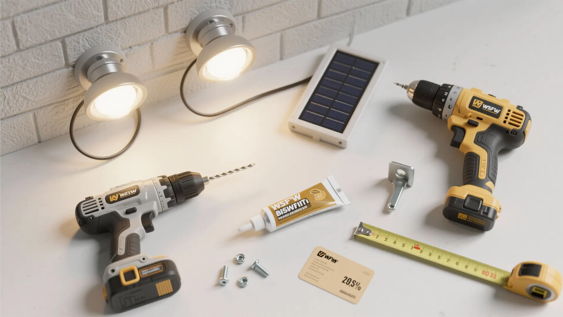 Flatlay of wired and solar fixtures with tools and hardware for a weekend lighting project.
