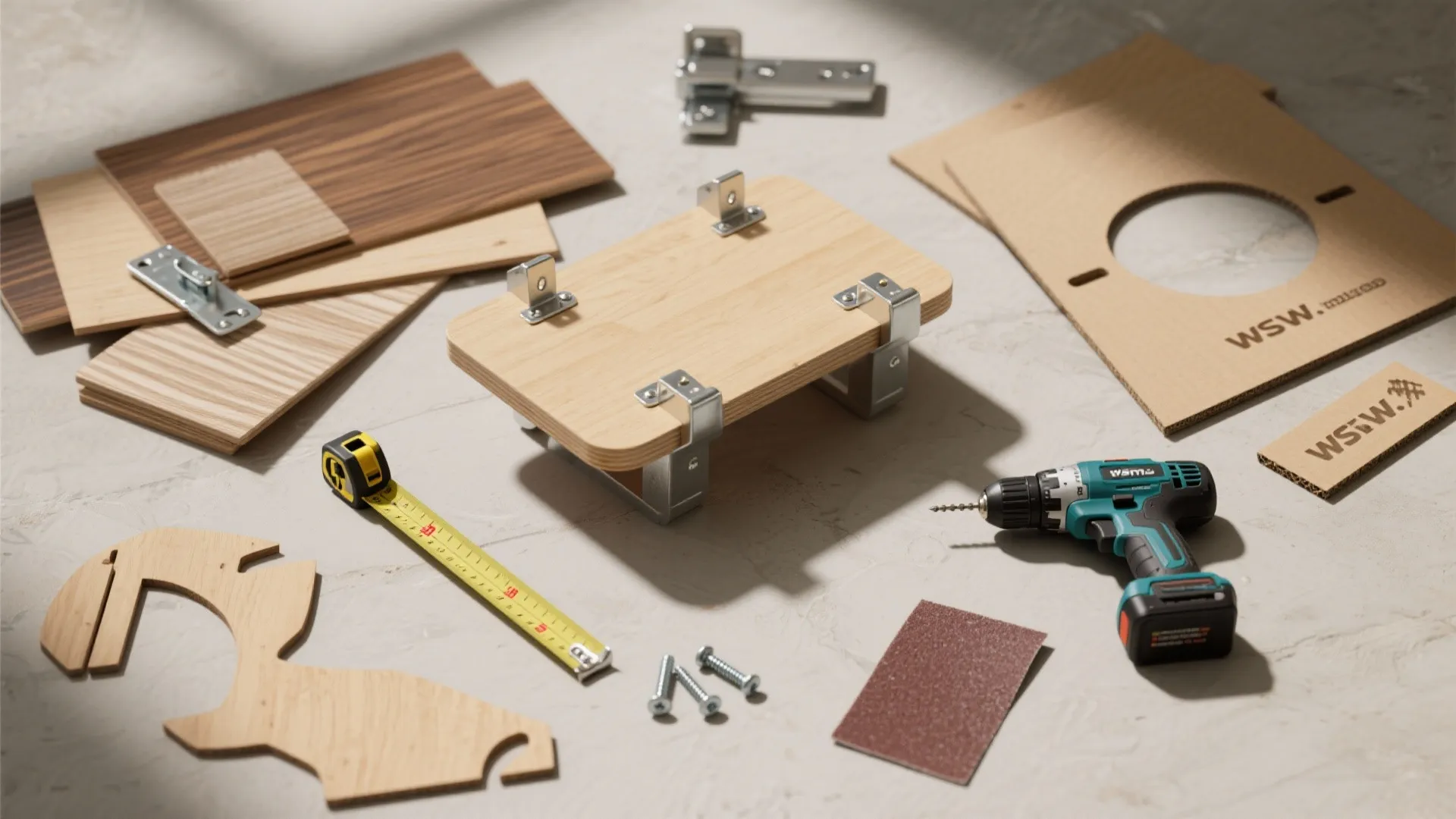 Diy furniture assembly tools including power drill tape measure screws wood pieces and metal hinges