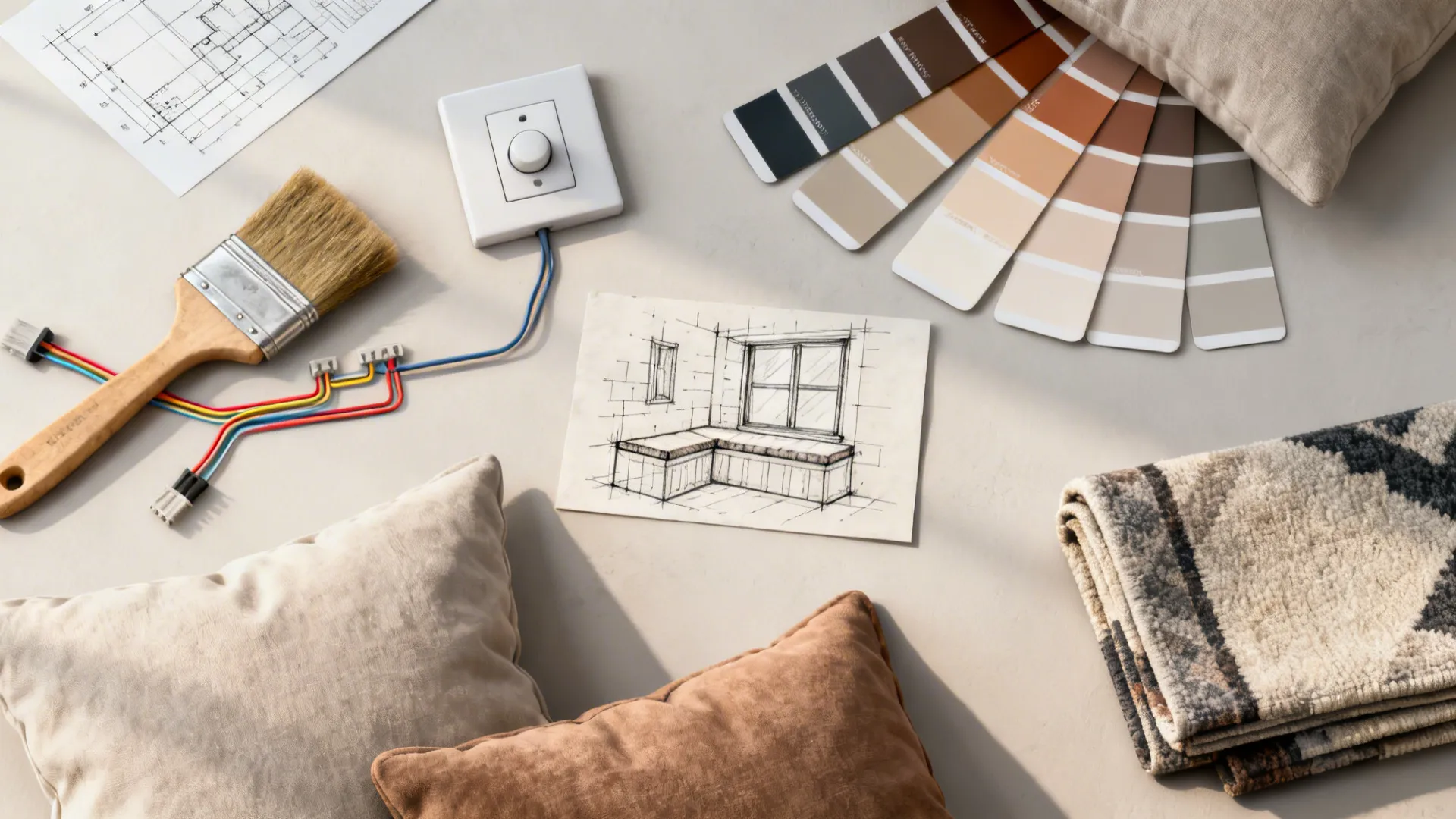 Flatlay showing paint swatches, dimmer switch, carpentry sketch and textiles for affordable room updates.