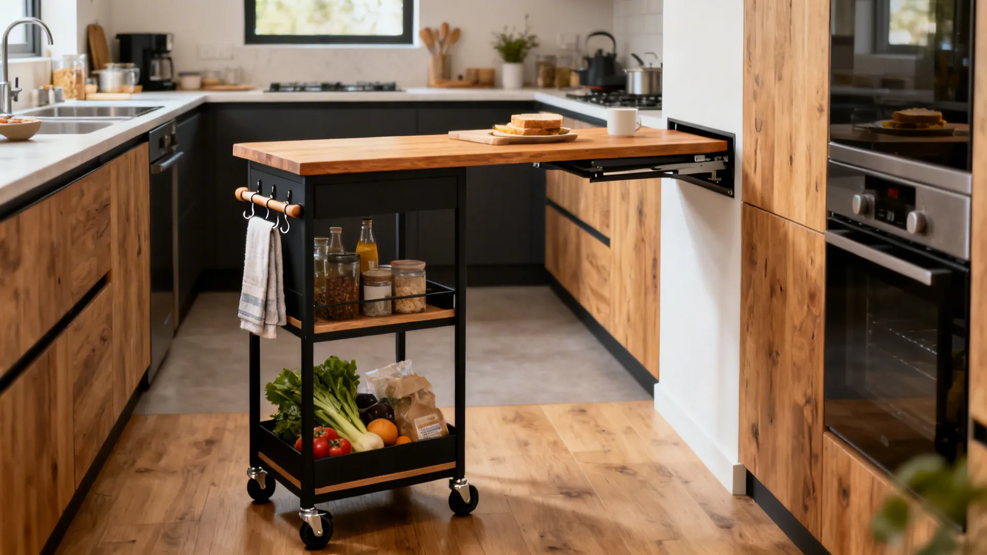 Black rolling cart with wood top used as small island in a modern wood style kitchen