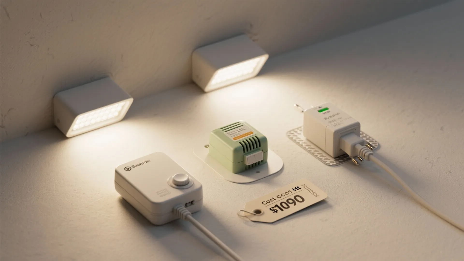 Smart home lighting kit with small wall lights power plugs and price tag on white surface
