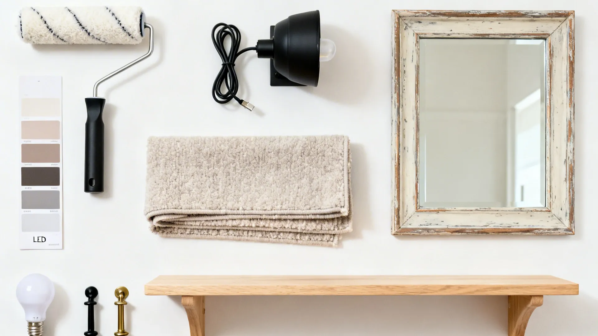 Flat lay of paint swatches, LED bulbs, plug-in sconce, mirror frame, rug sample, and hardware pulls.